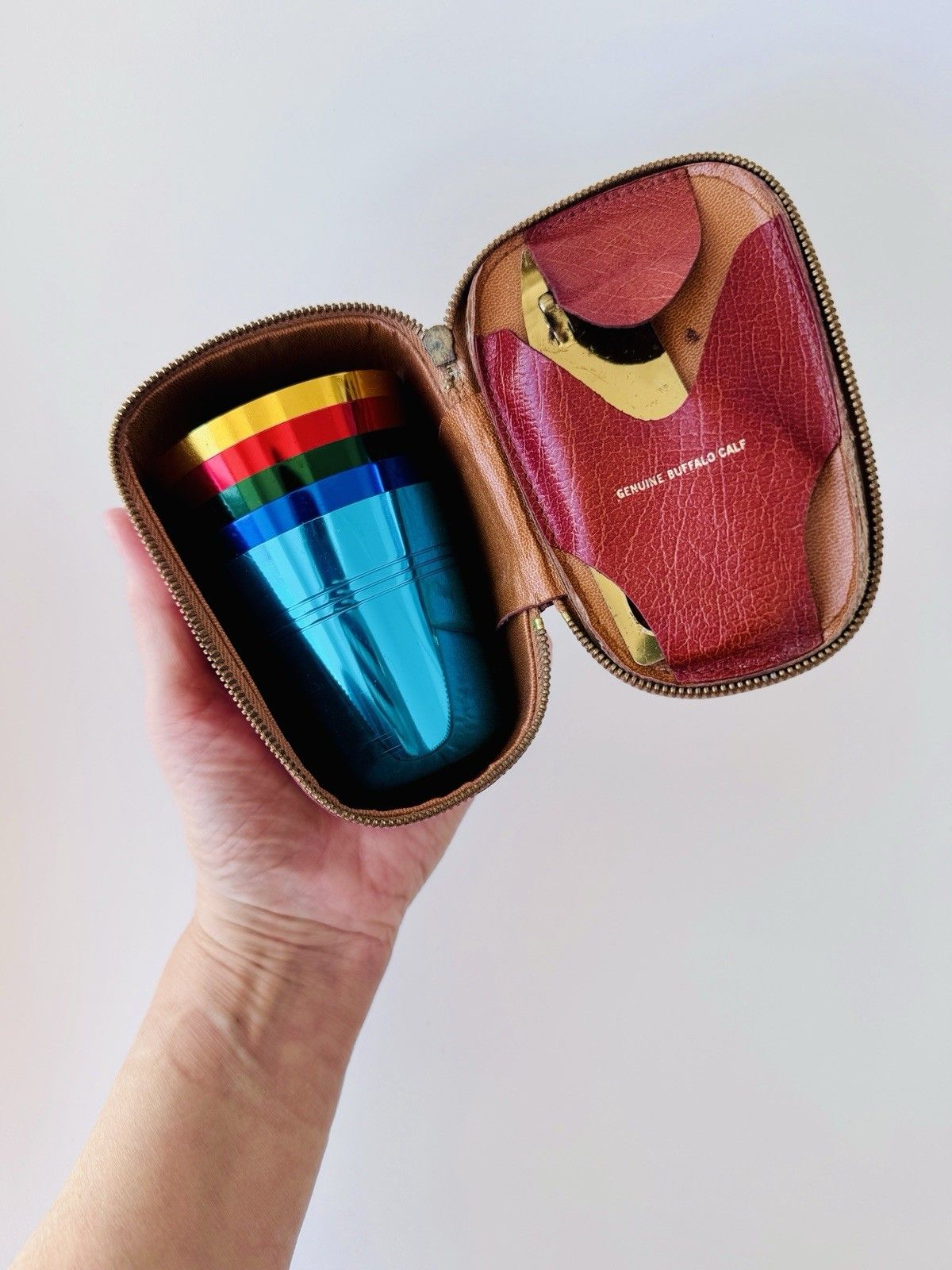 Set Of 5 1960’s Artex Anodised Cups & Bottle Opener In Buffalo Calf Leather Case