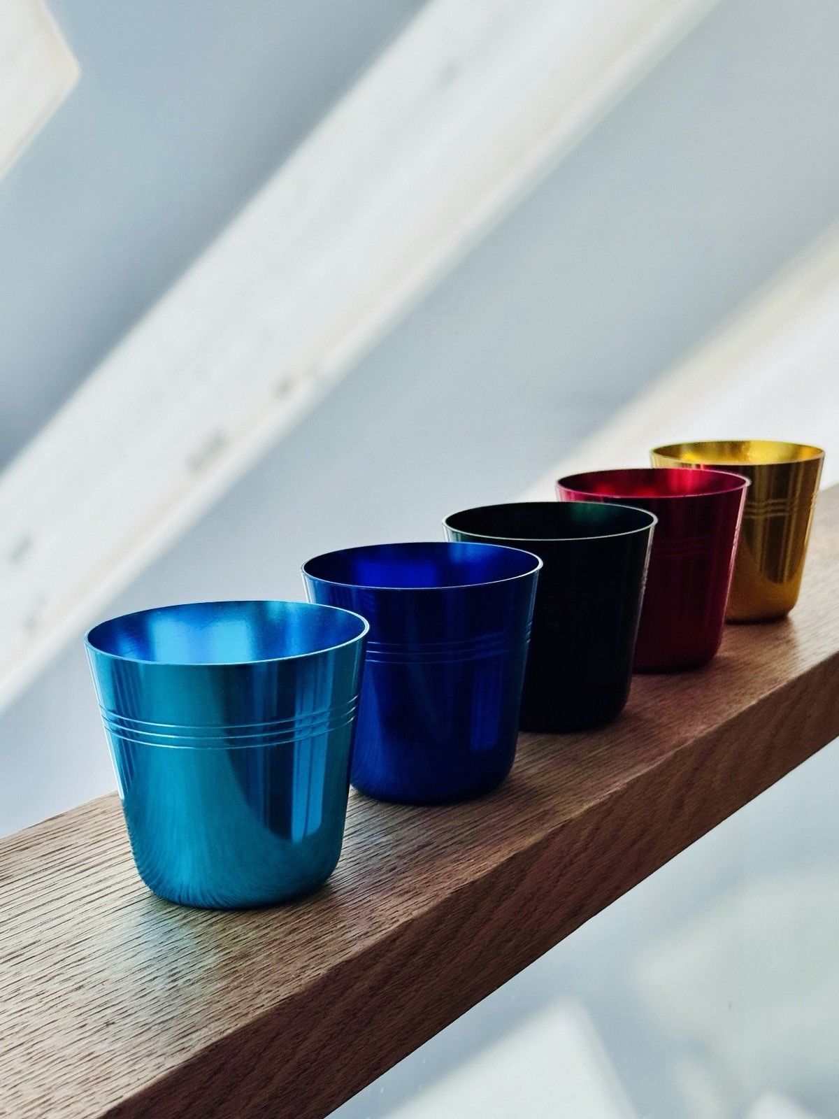 50.0 Set Of 5 1960’s Artex Anodised Cups & Bottle Opener In Buffalo Calf Leather Case photo
