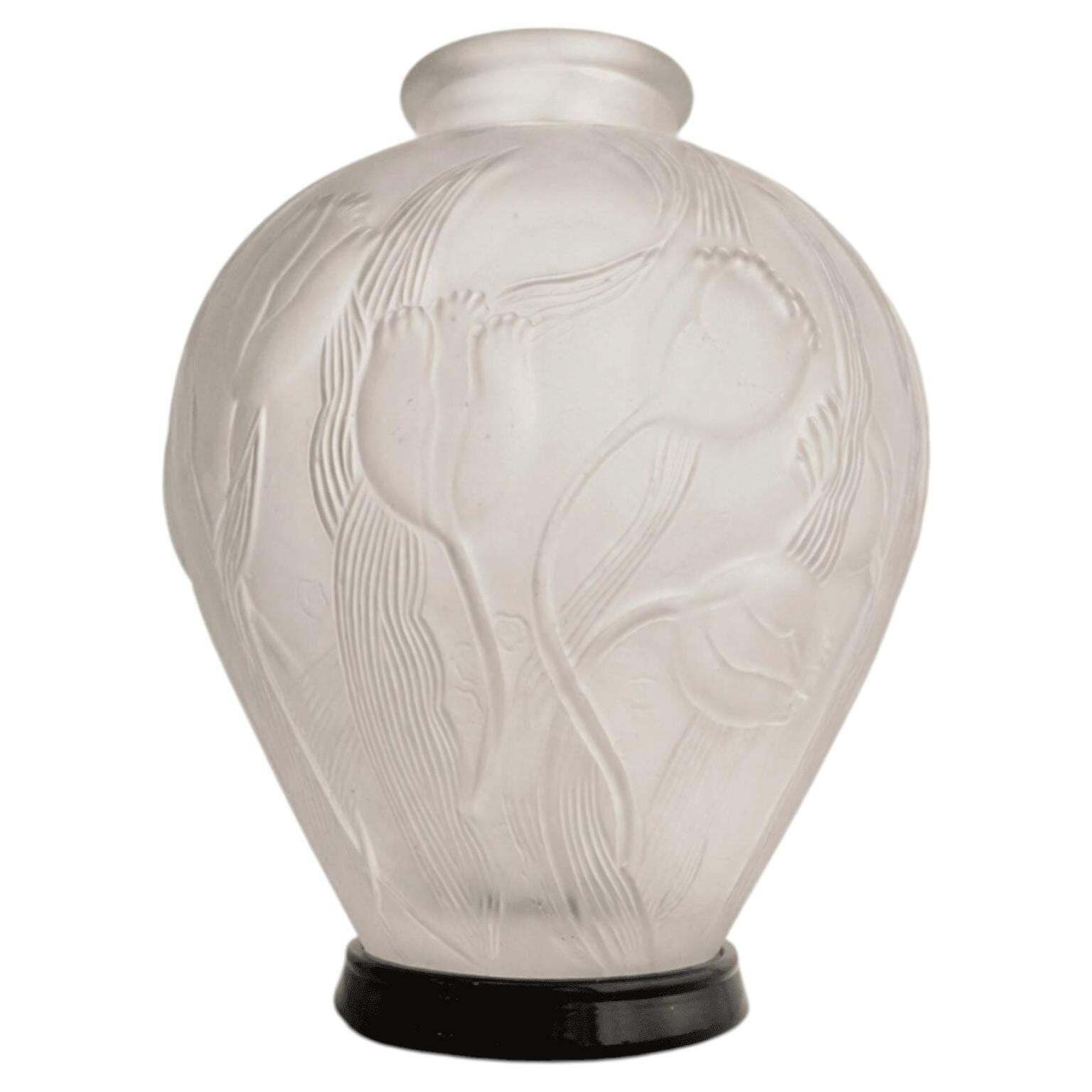 Mid Century Modern French Vase Lalique Style Frosted Glass Floral Motifs 60s