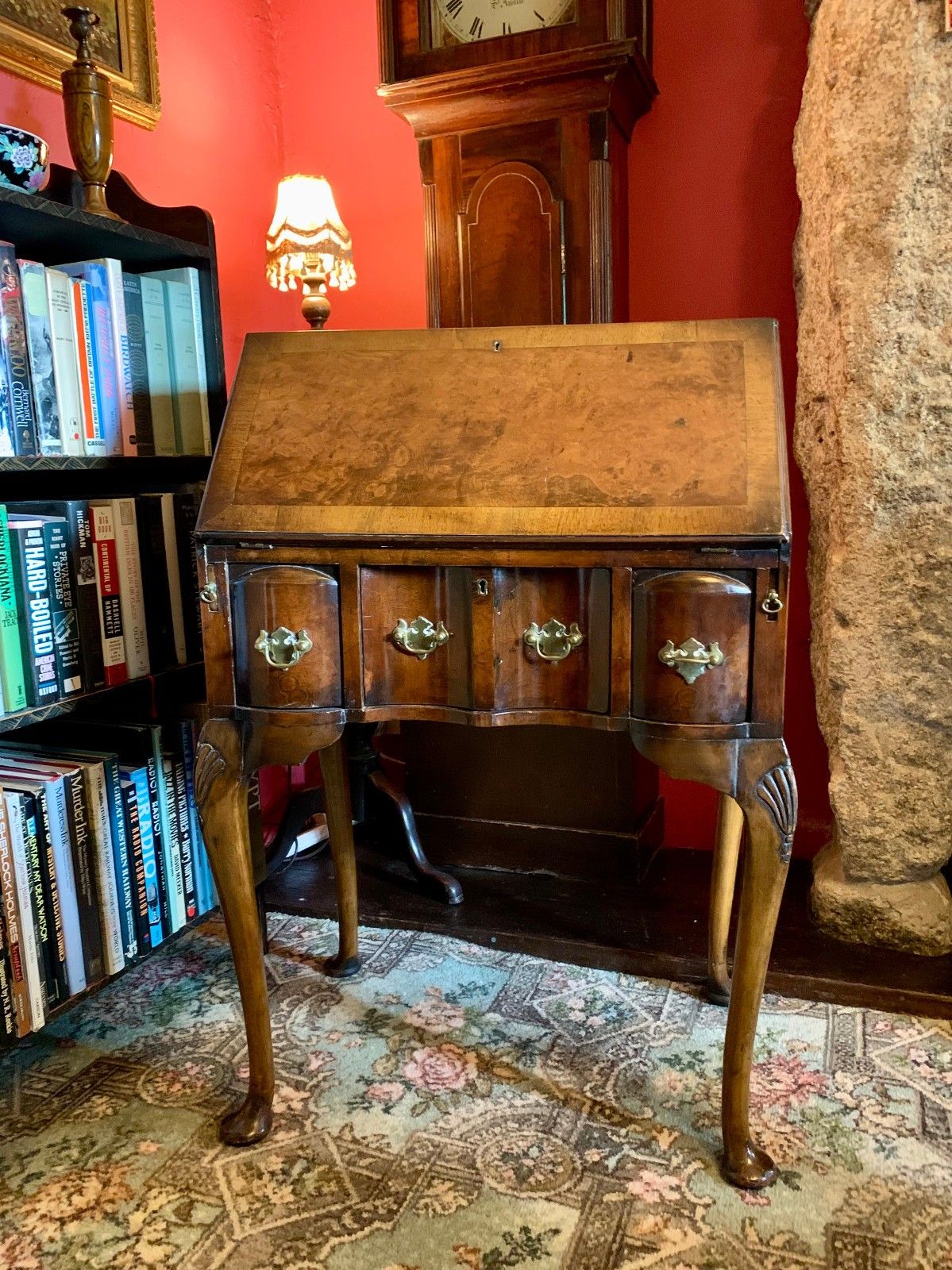 Antique Walnut Bureau Queen Anne Style, Working Key Burr Walnut Country House
