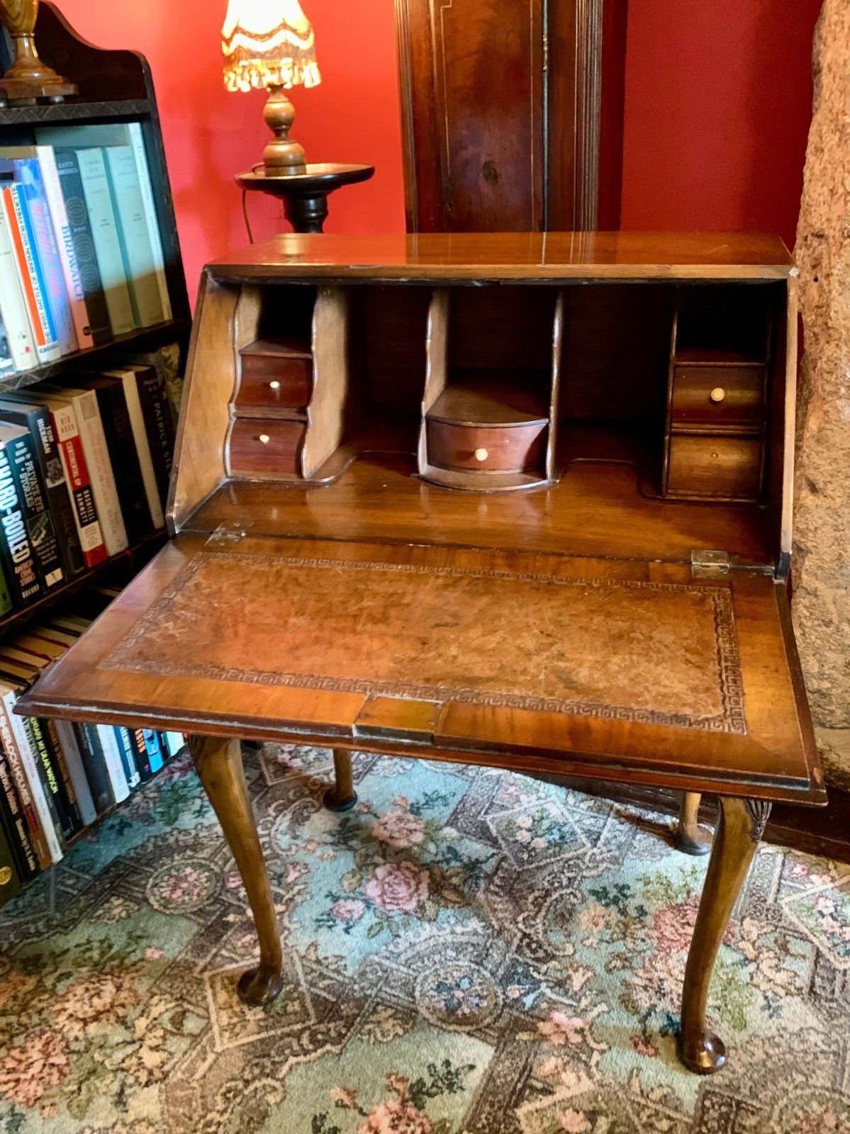 Antique Walnut Bureau Queen Anne Style, Working Key Burr Walnut Country House photo for sale