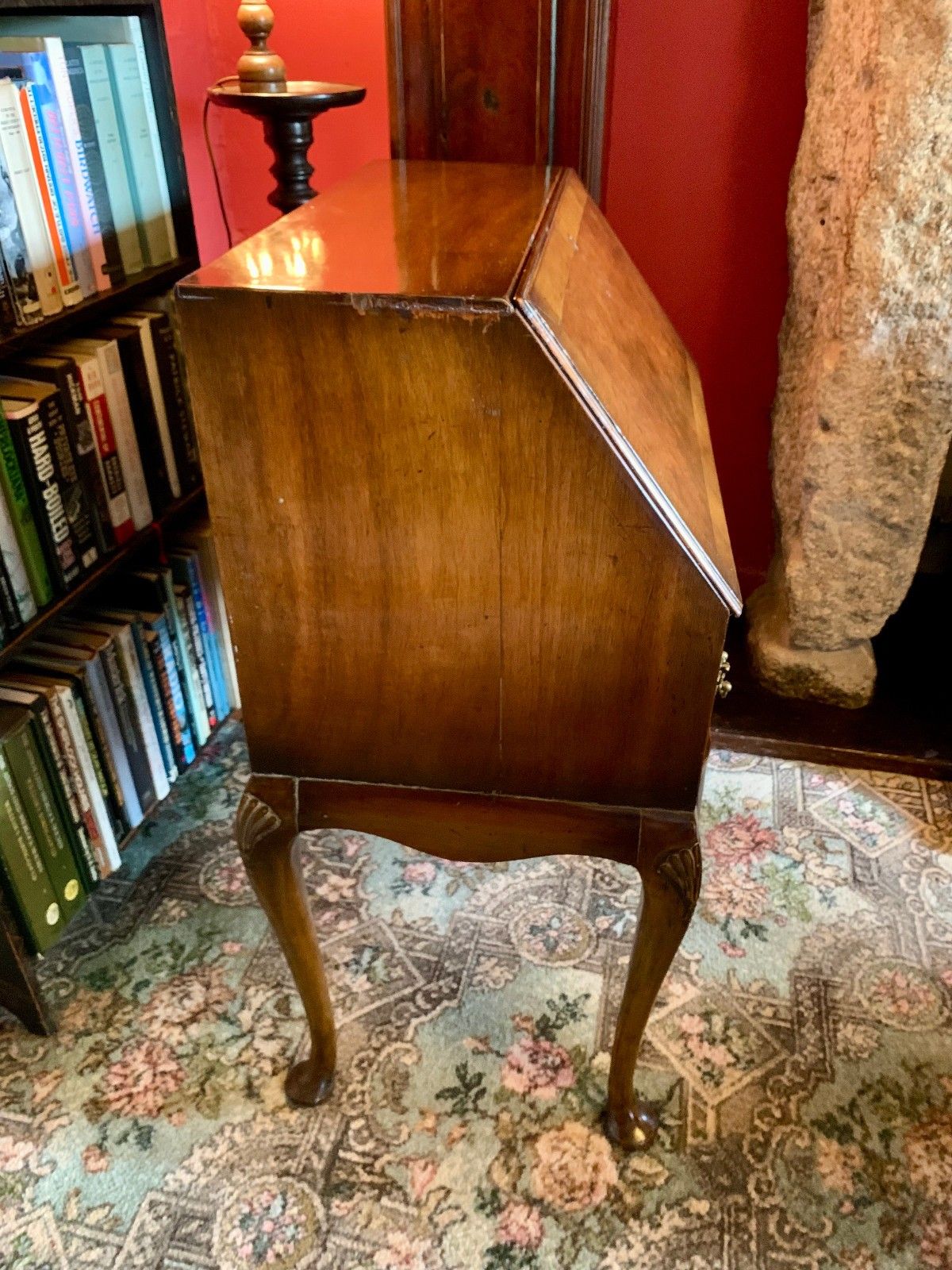 Antique Walnut Bureau Queen Anne Style, Working Key Burr Walnut Country House photo vintage