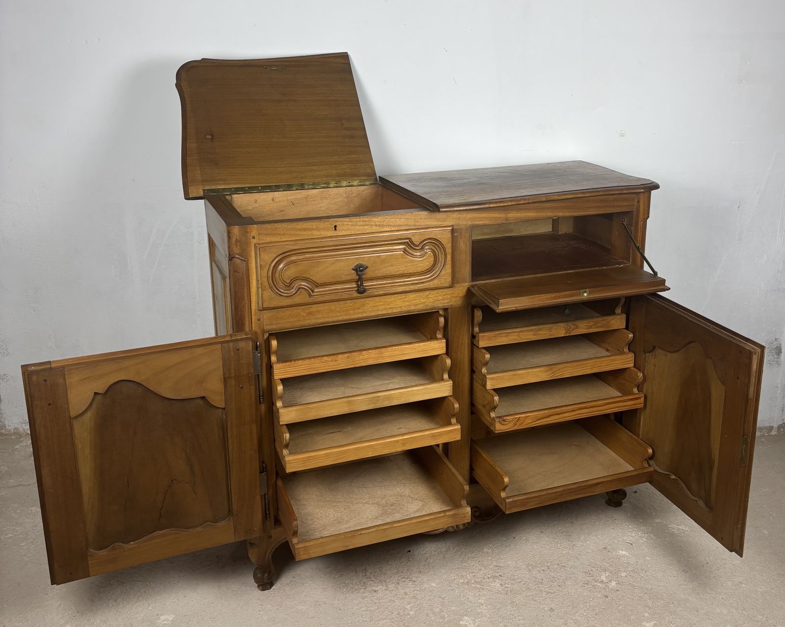 Furniture French Provincial Oak Server Cabinet With Sliding Shelves, Early 20th Century photo