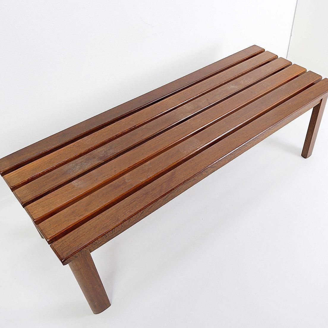 photo furniture Vintage Wood Slatted Bench, Mid Century Modern Minimalist Design