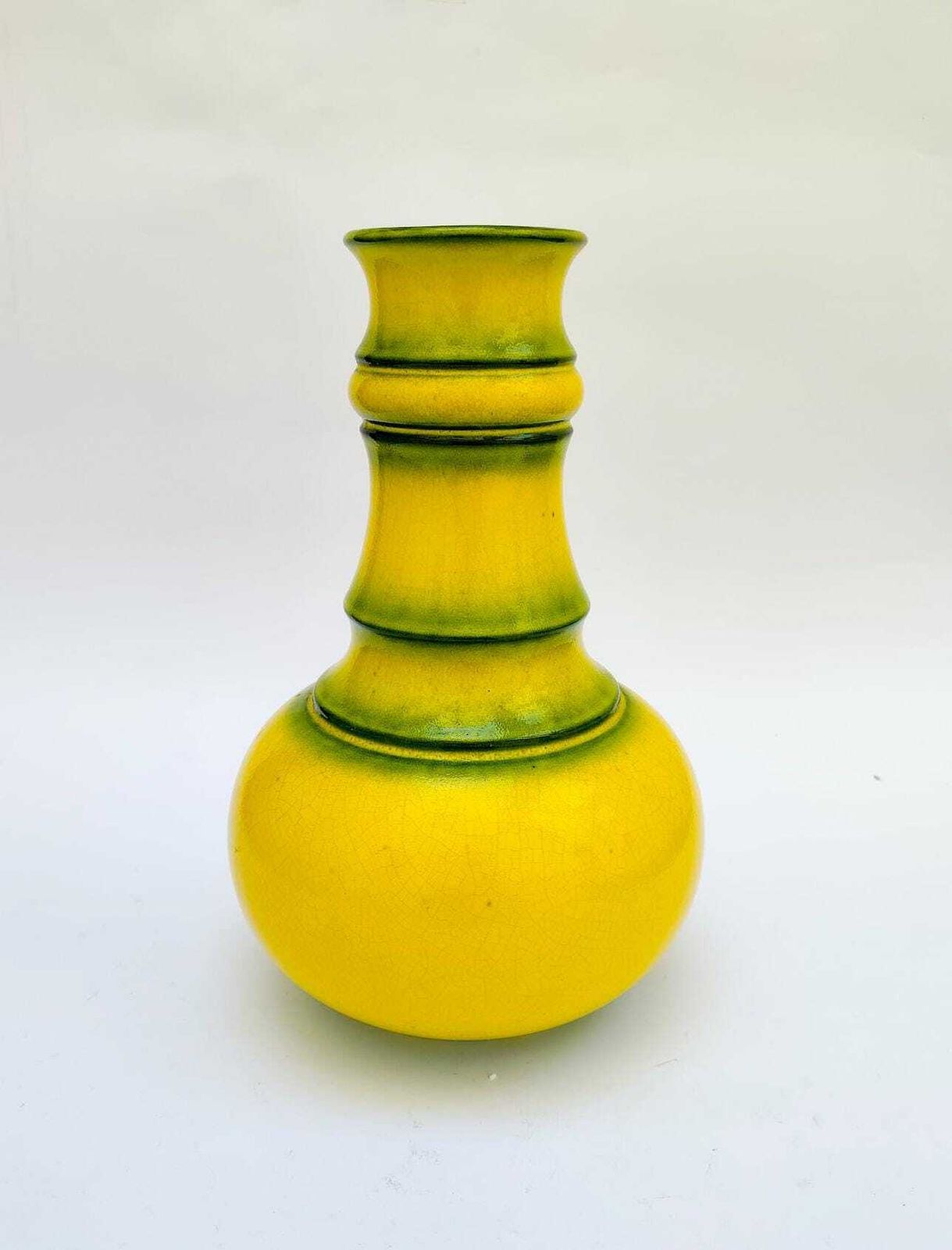 Jasba Yellow And Green West German Ceramic Vase, Vintage Space Age Design, 1970s