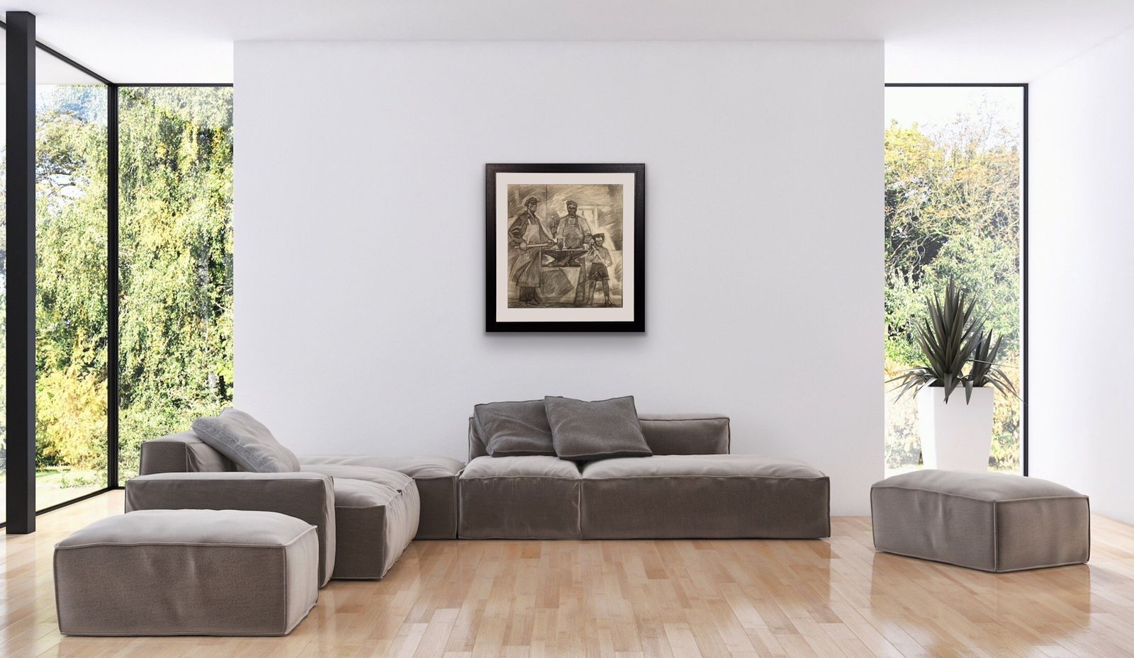 2985.0 Soviet Ukrainian Artist, Three Generations Of Metal Workers, Charcoal Drawing, 1960s, Framed photo