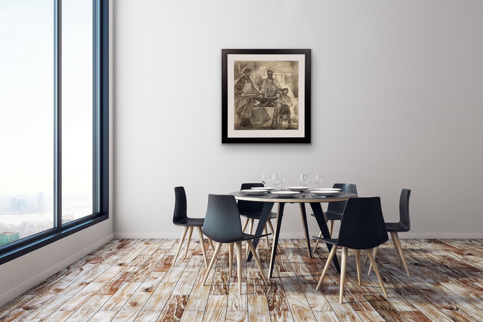 photo vinterior Soviet Ukrainian Artist, Three Generations Of Metal Workers, Charcoal Drawing, 1960s, Framed