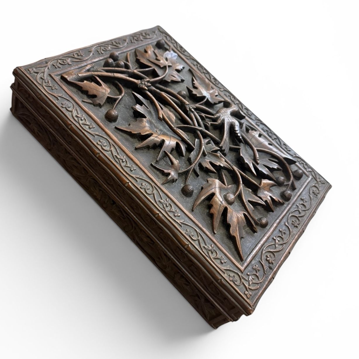 Exquisitely Carved Anglo Indian Hardwood Box With Birds & Vine Leaves, Late 19th Century photo for sale