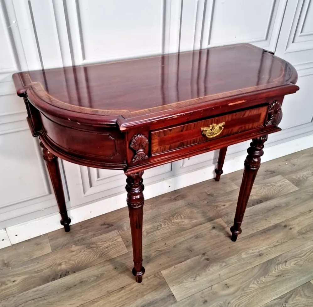 Antique Style Console Table Mahogany Demi Lune Side Hall – Inlaid Top & Carved