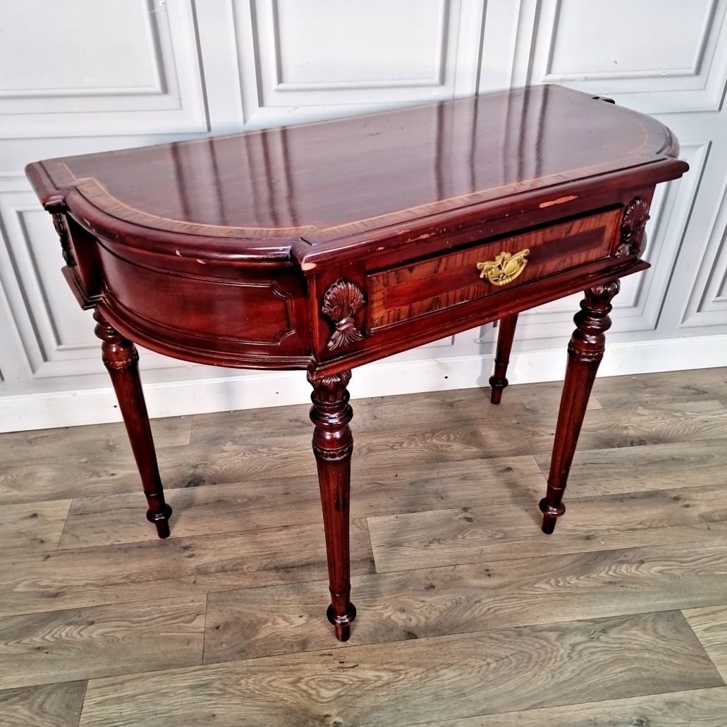 Antique Style Console Table Mahogany Demi Lune Side Hall – Inlaid Top & Carved photo furniture