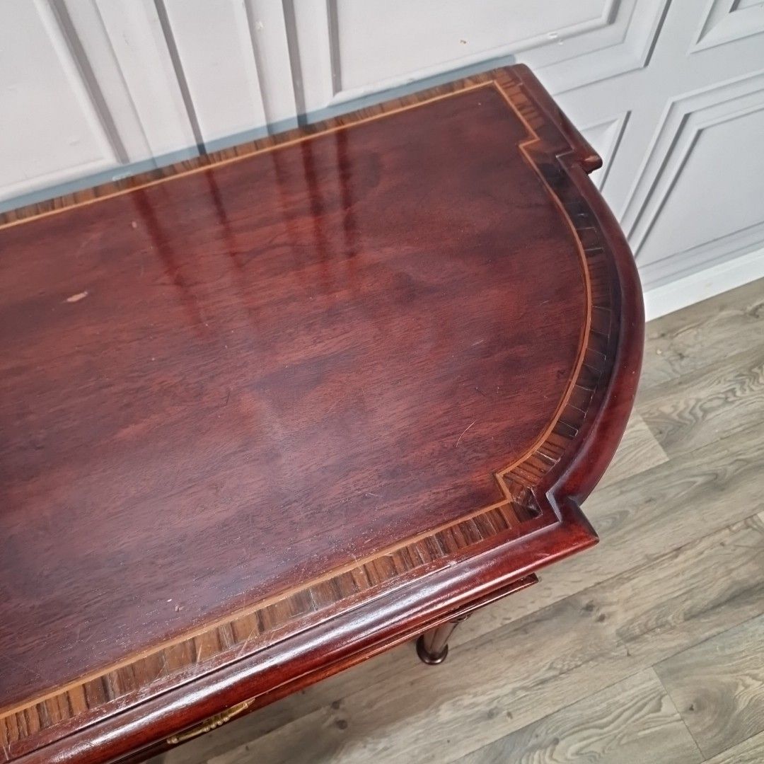Antique Style Console Table Mahogany Demi Lune Side Hall – Inlaid Top & Carved photo vinterior