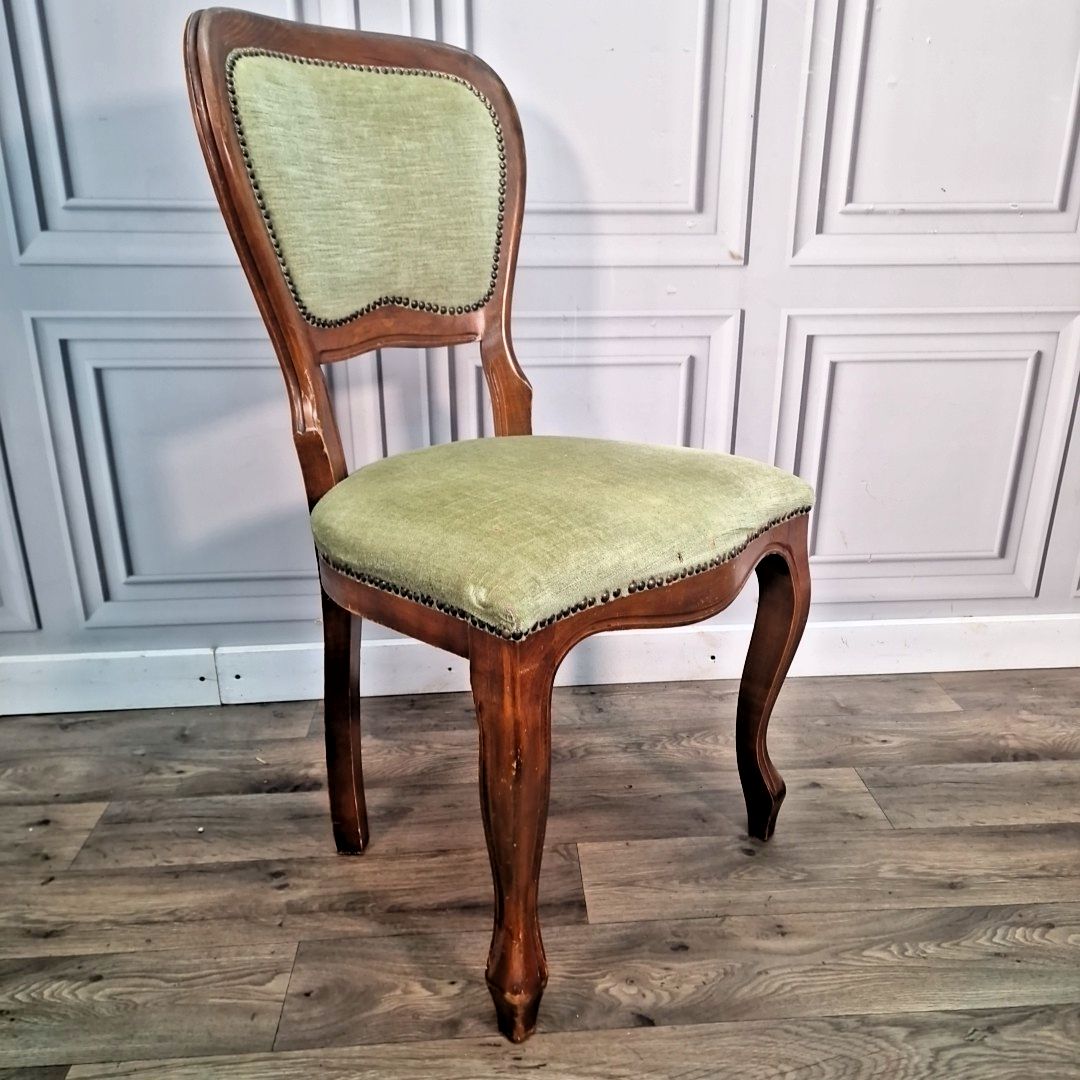 Antique Carved Walnut Chair Green Upholstery – Victorian Salon Style Seat