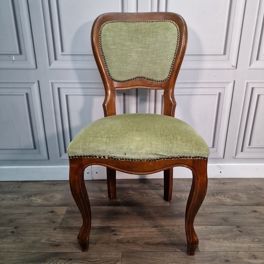 Antique Carved Walnut Chair Green Upholstery – Victorian Salon Style Seat photo for sale