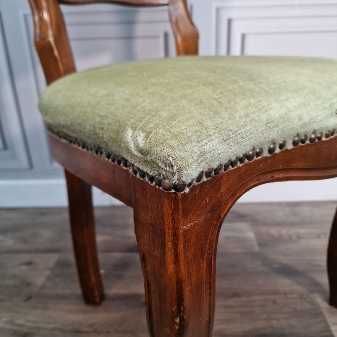 photo for sale Antique Carved Walnut Chair Green Upholstery – Victorian Salon Style Seat