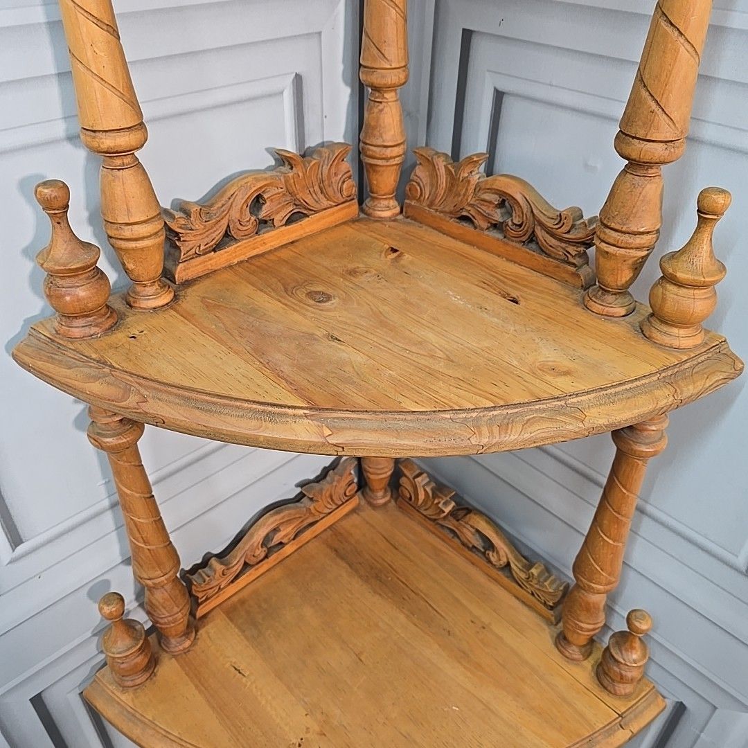 Antique Whatnot Shelf Victorian Style Carved Pine 4 Tier Corner Turned Wooden photo vinterior