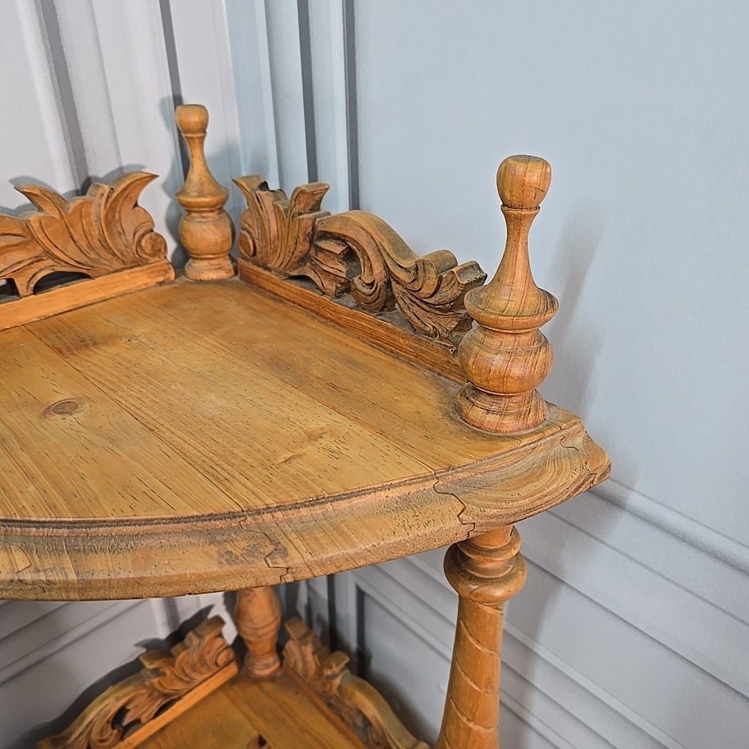 photo buy Antique Whatnot Shelf Victorian Style Carved Pine 4 Tier Corner Turned Wooden