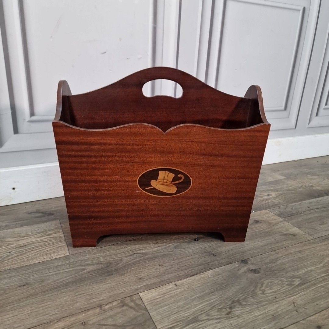 Retro Magazine Letter Rack Vintage Mahogany Veneer – Inlaid Top Hat & Cane Motif photo furniture