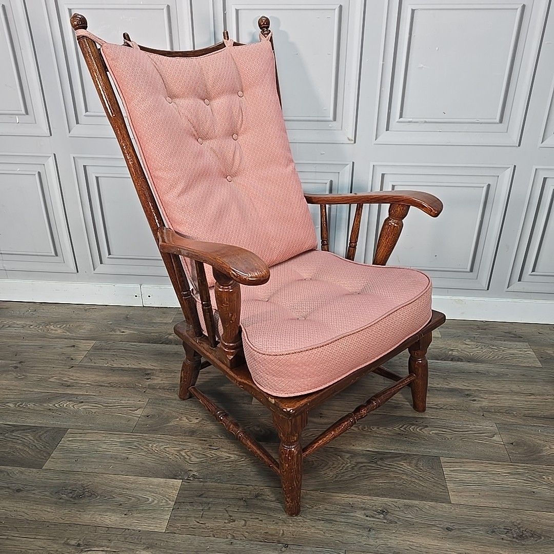 Vintage High Back Armchair Solid Oak Turned Wood Cushions – Rustic Country photo for sale