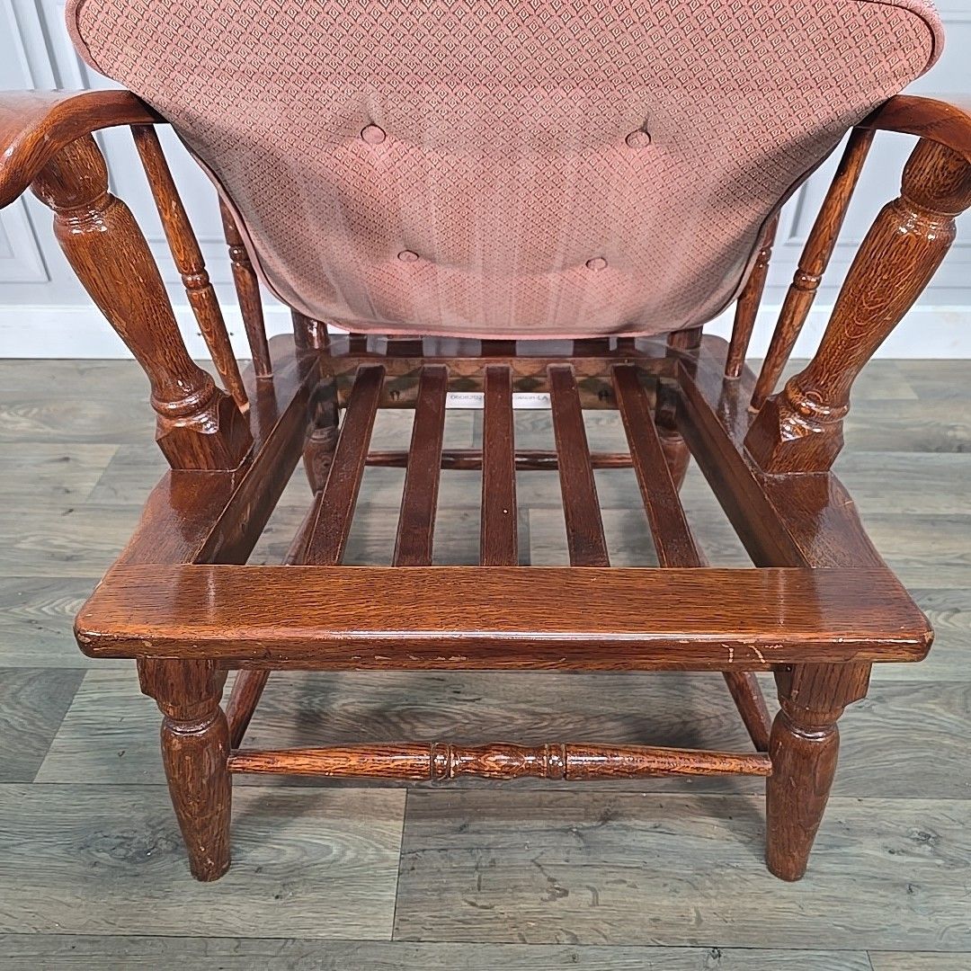 Vintage High Back Armchair Solid Oak Turned Wood Cushions – Rustic Country photo 160.0