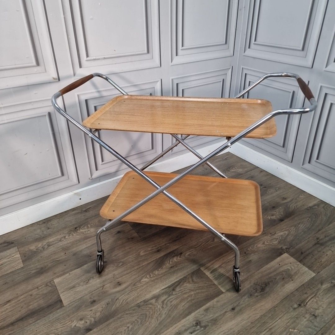 Vintage Tea Hostess Trolley Retro Chrome & Plywood Folding Drinks Mid Century photo for sale