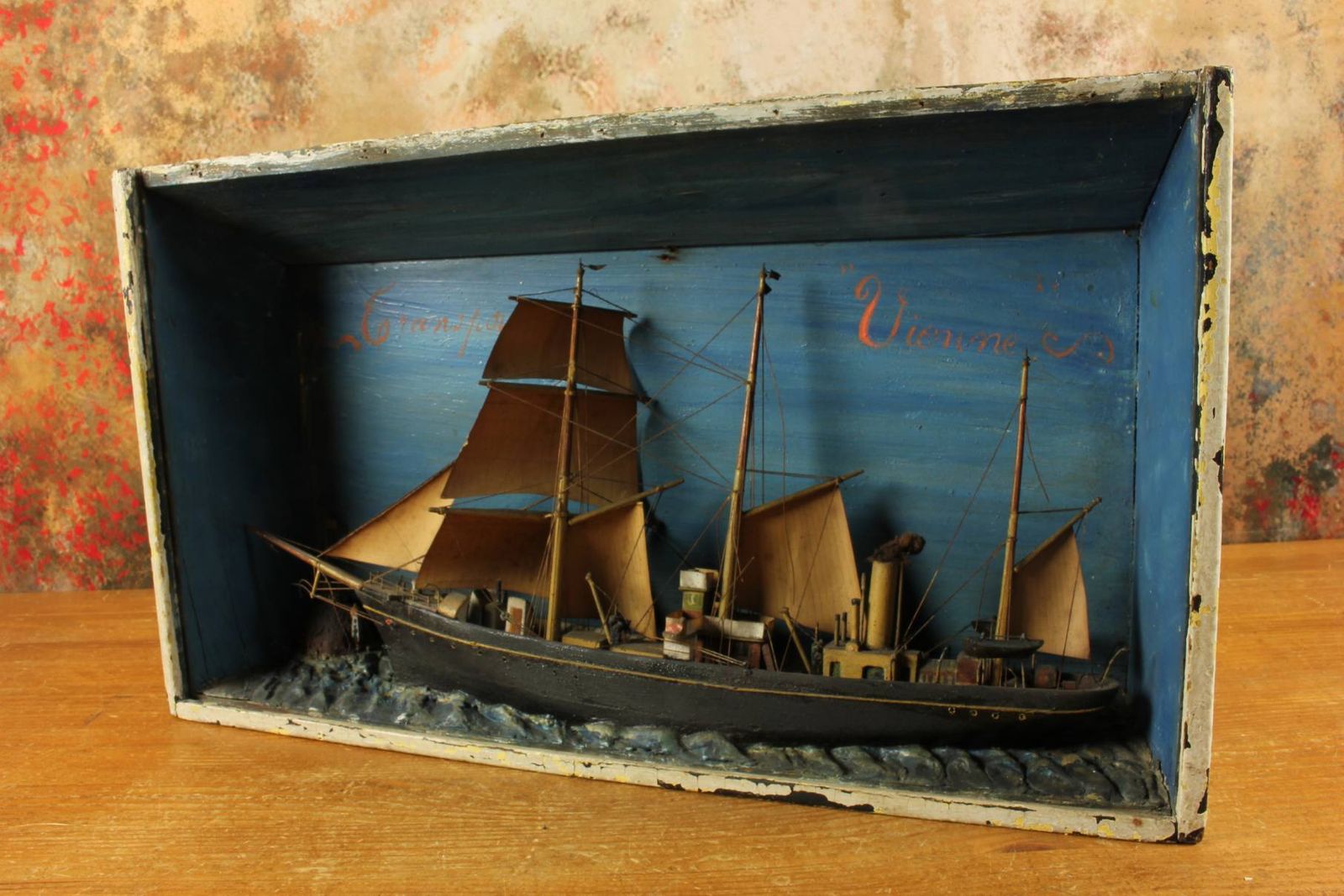 Antique Ship Diorama. French Handmade Boat Model In A Box. Vienne France. photo for sale