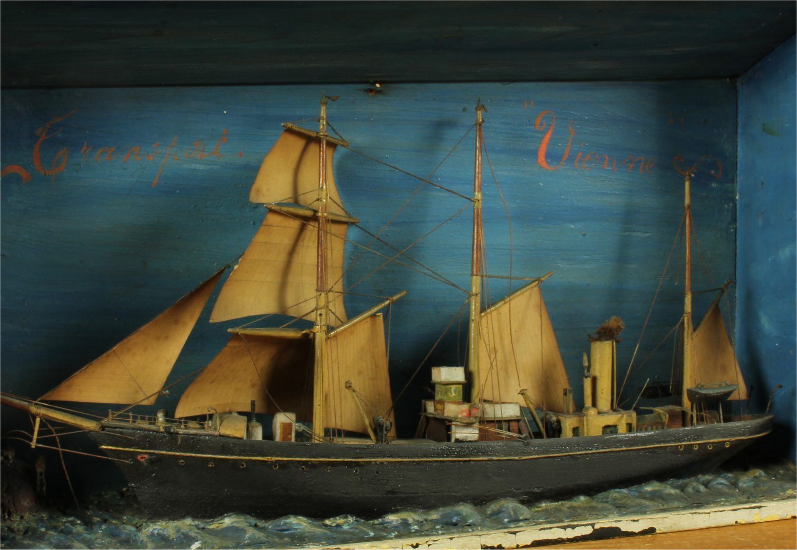 Antique Ship Diorama. French Handmade Boat Model In A Box. Vienne France. photo buy