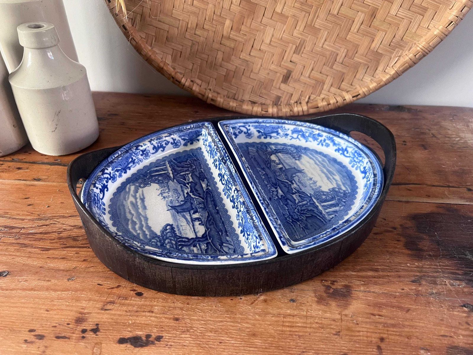 Antique Booths "Old Blue Danube" Divided Serving Set With Wood Gallery Tray, Victorian Blue And White Transferware, Thomas Goode & Co Mark