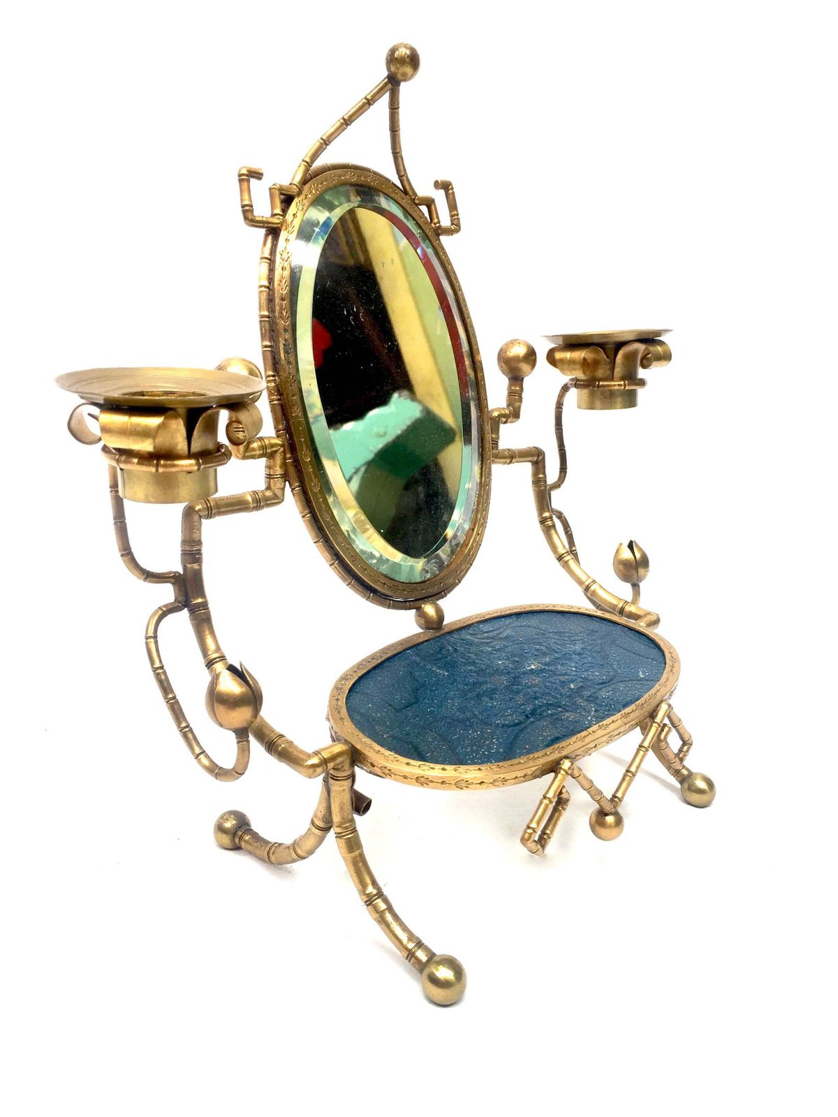 Antique French Tabletop Brass Vanity Mirror & Candle Holder / Jewellery Stand