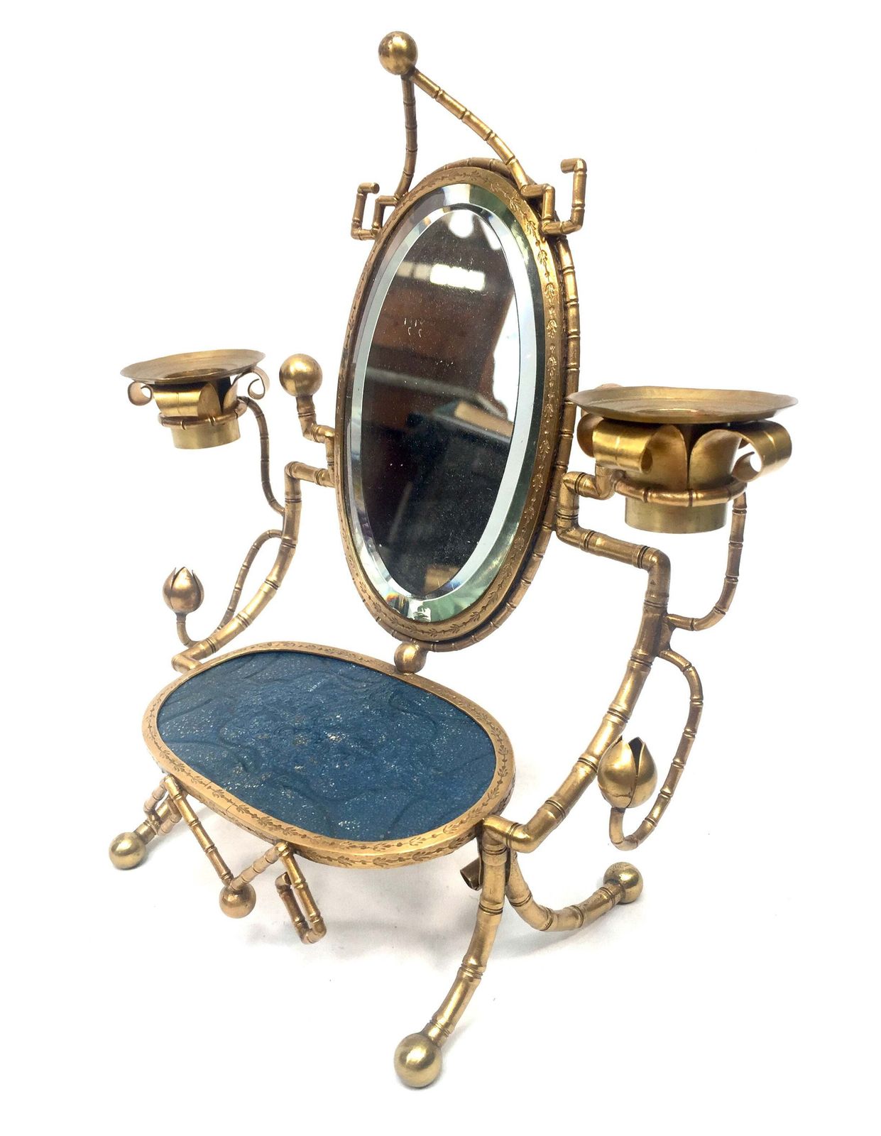 Antique French Tabletop Brass Vanity Mirror & Candle Holder / Jewellery Stand photo for sale
