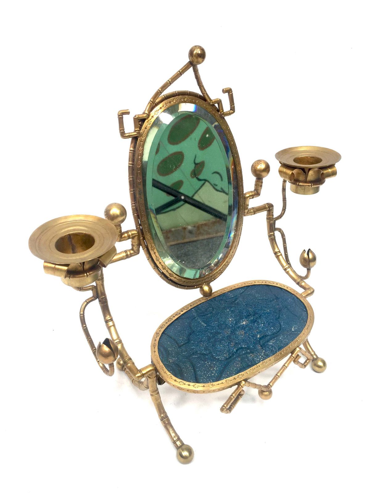 Antique French Tabletop Brass Vanity Mirror & Candle Holder / Jewellery Stand photo vintage