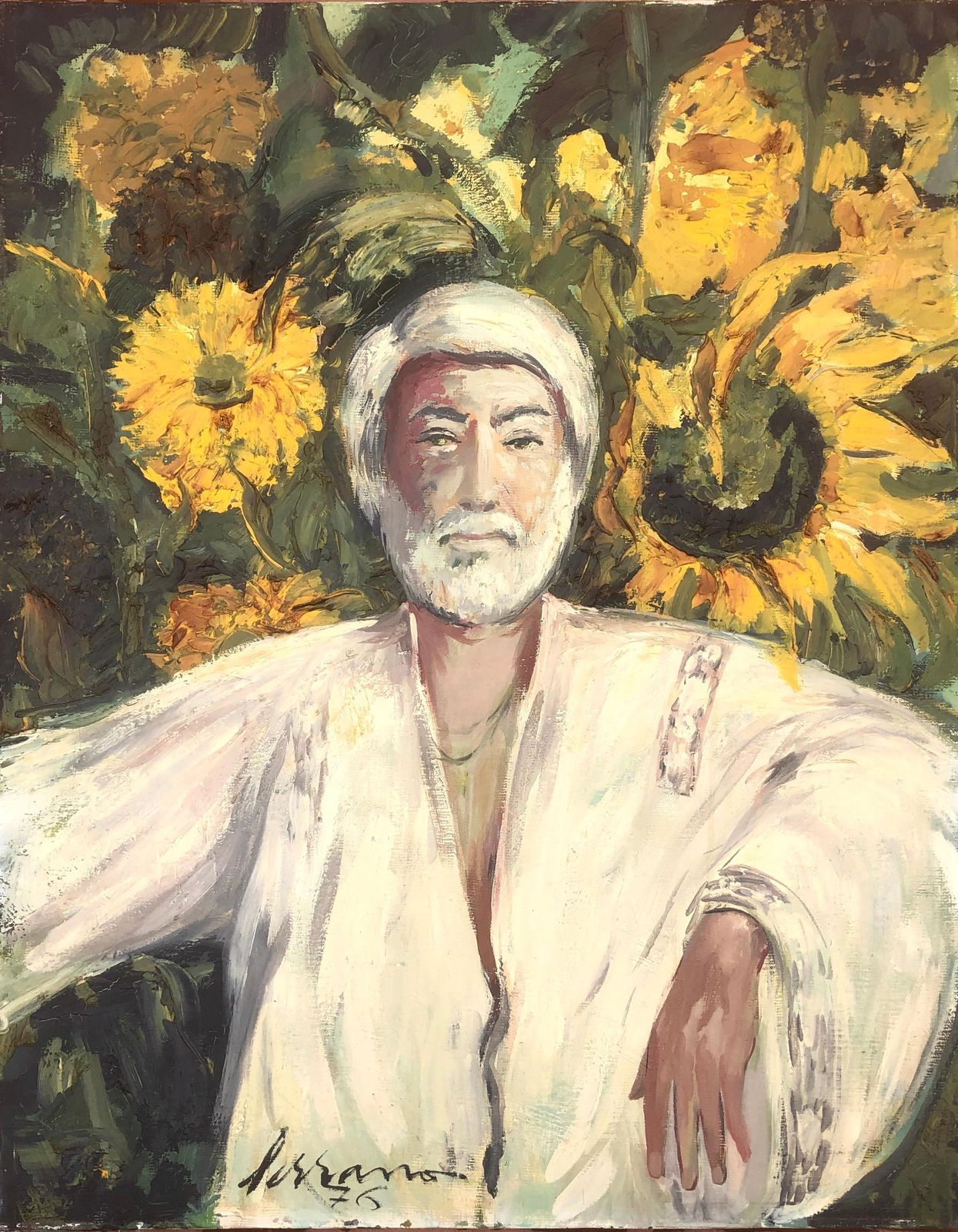 Portrait au tournesol méditerranéen à la robe blanche, Josep Miquel Serrano, peinture expressionniste espagnole à l'huile, 1976