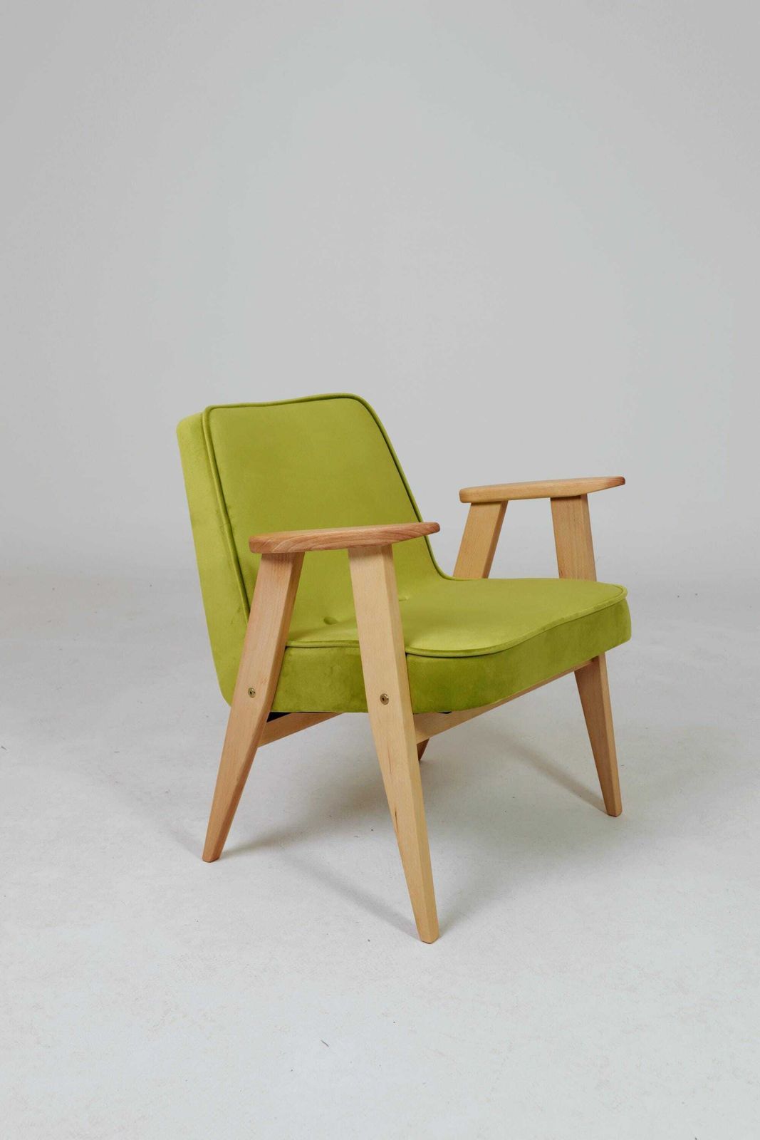 Vintage Lounge Chair Pear Green Velvet Natural Oiled Wood photo furniture