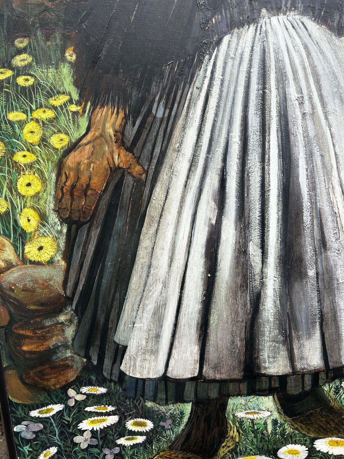 Mid Century Folk Inspired Oil On Board By Leslie Ann Gorton B.1939 photo vintage