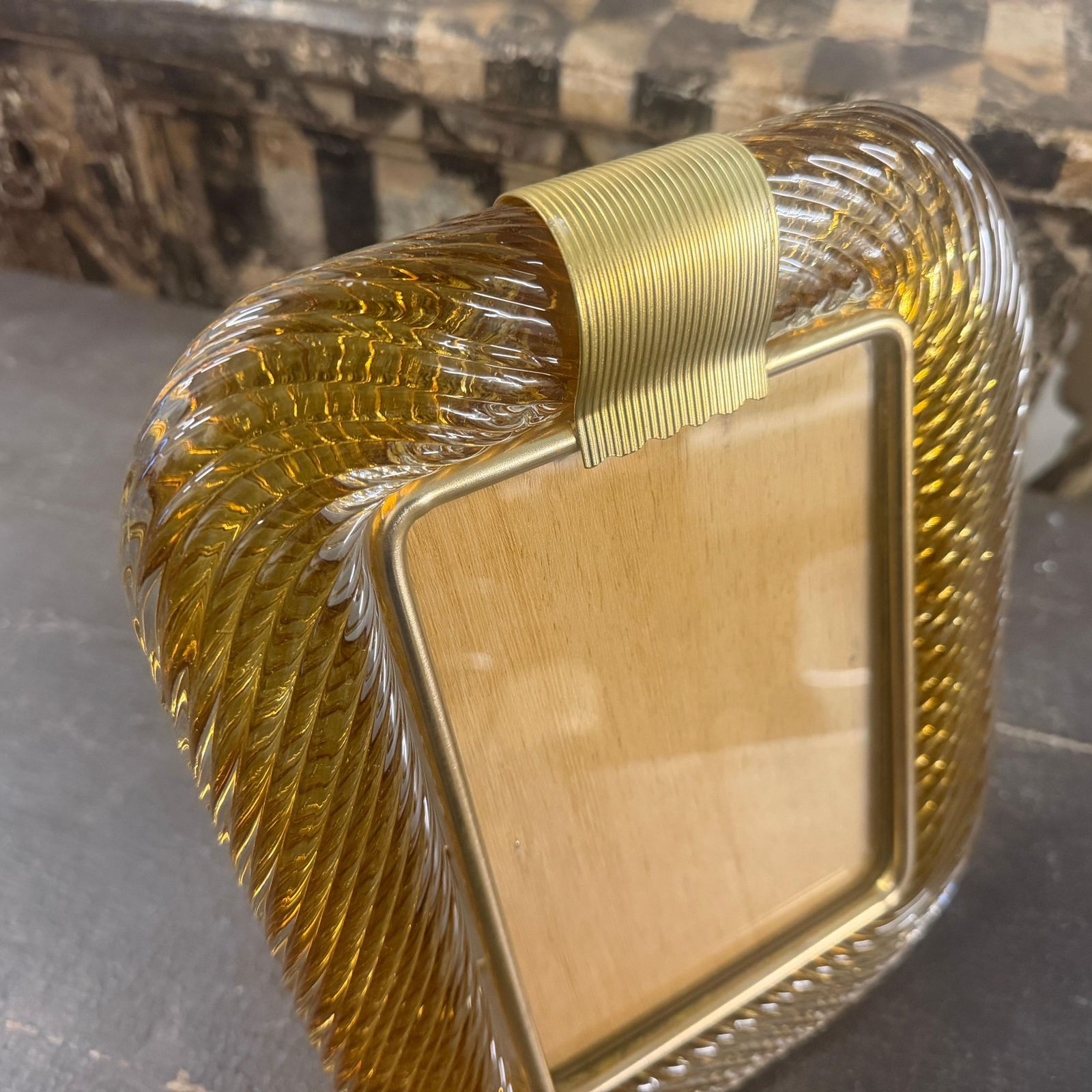 1990s Barovier Style Art Deco Amber Murano Glass And Brass Picture Frame photo vinterior