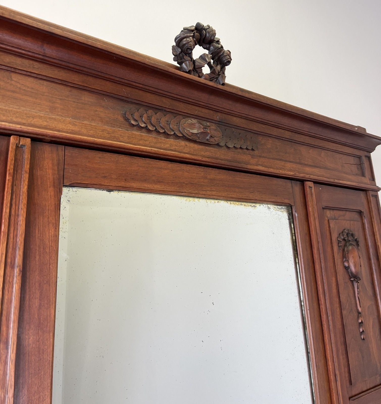 Wardrobe Antique French Walnut Two Door Mirrored Carved Armoire Cabinet Lot 6083 photo 749.0
