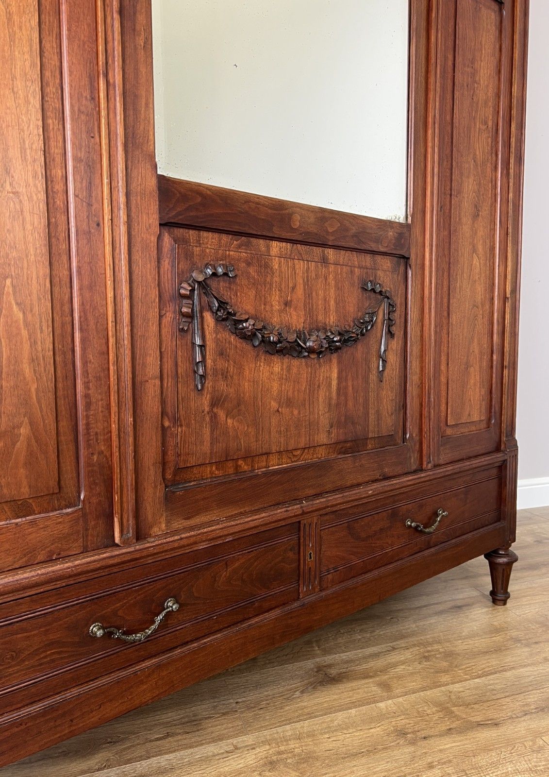 Furniture Wardrobe Antique French Walnut Two Door Mirrored Carved Armoire Cabinet Lot 6083 photo