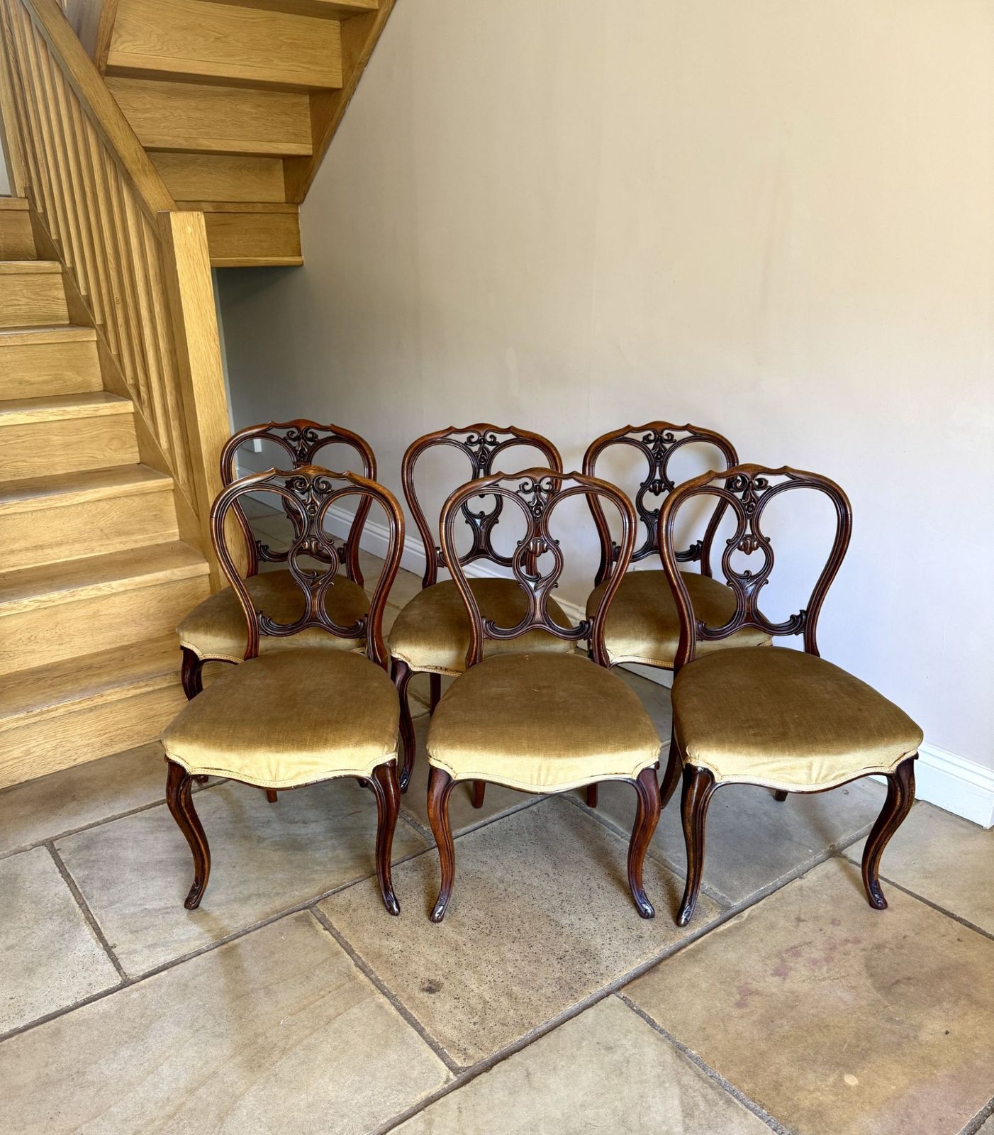 Elegant Quality Set Of Six Antique Carved Walnut Dining Chairs photo for sale
