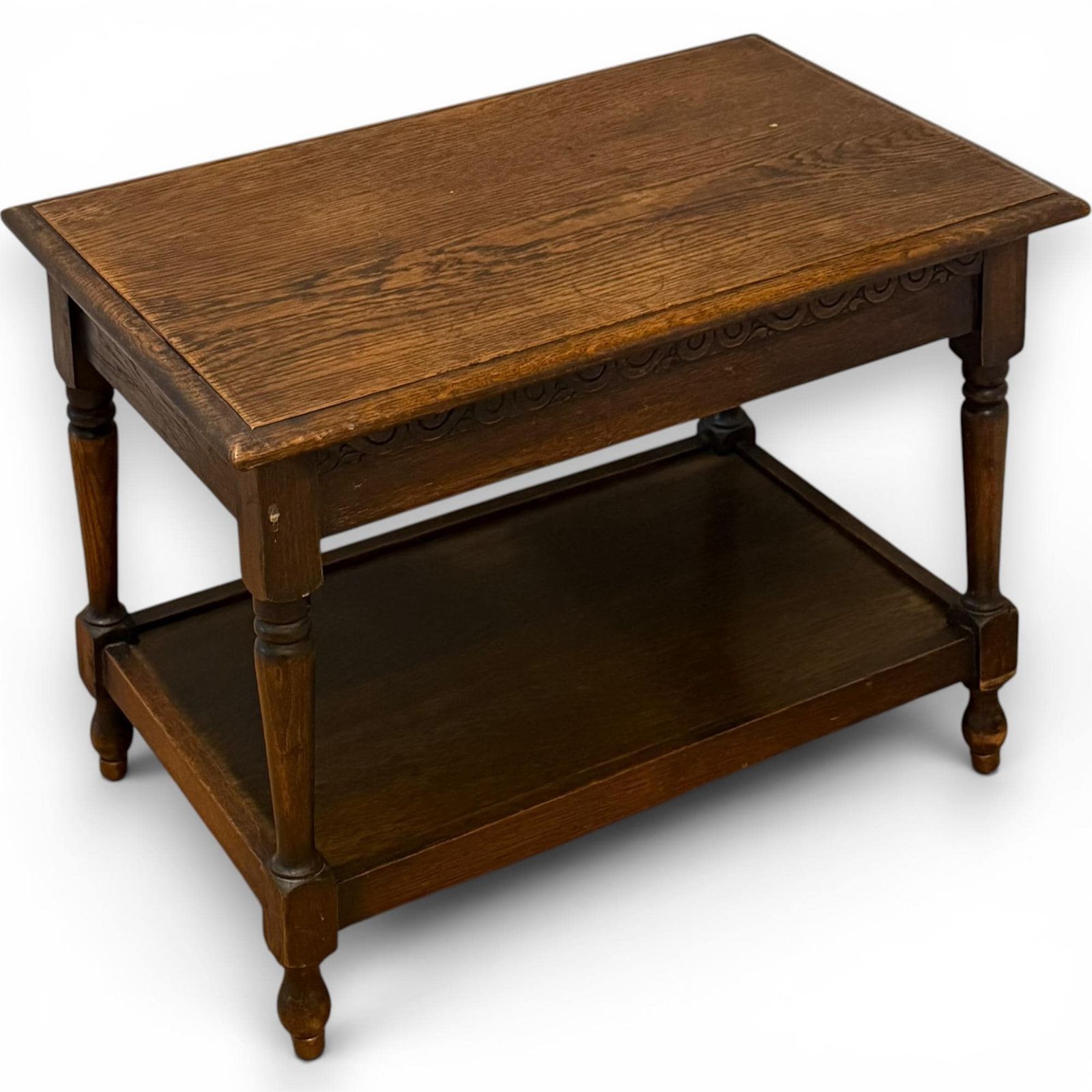 Victorian Oak Coffee Table With Carved Frieze & Lower Shelf