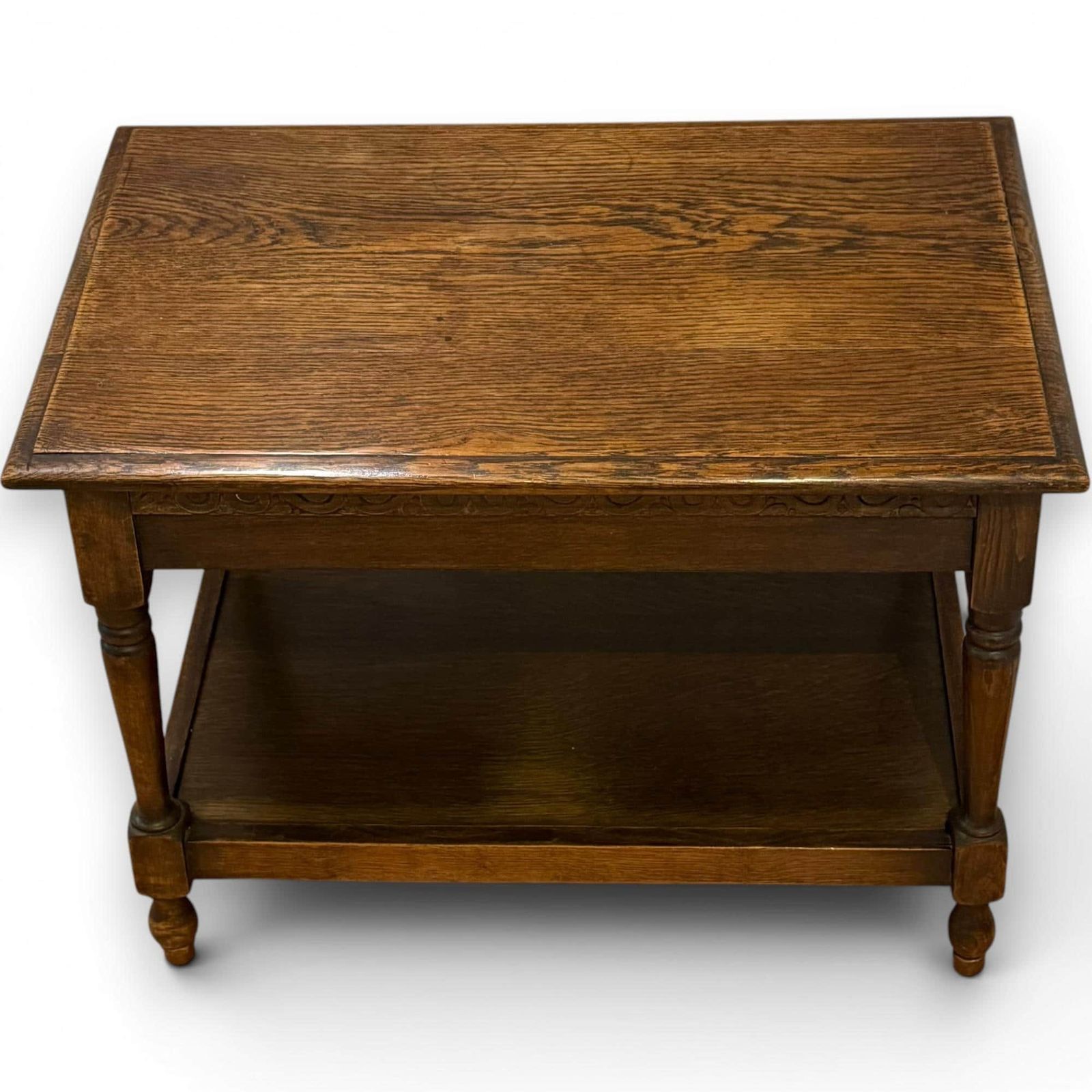 Victorian Oak Coffee Table With Carved Frieze & Lower Shelf photo for sale