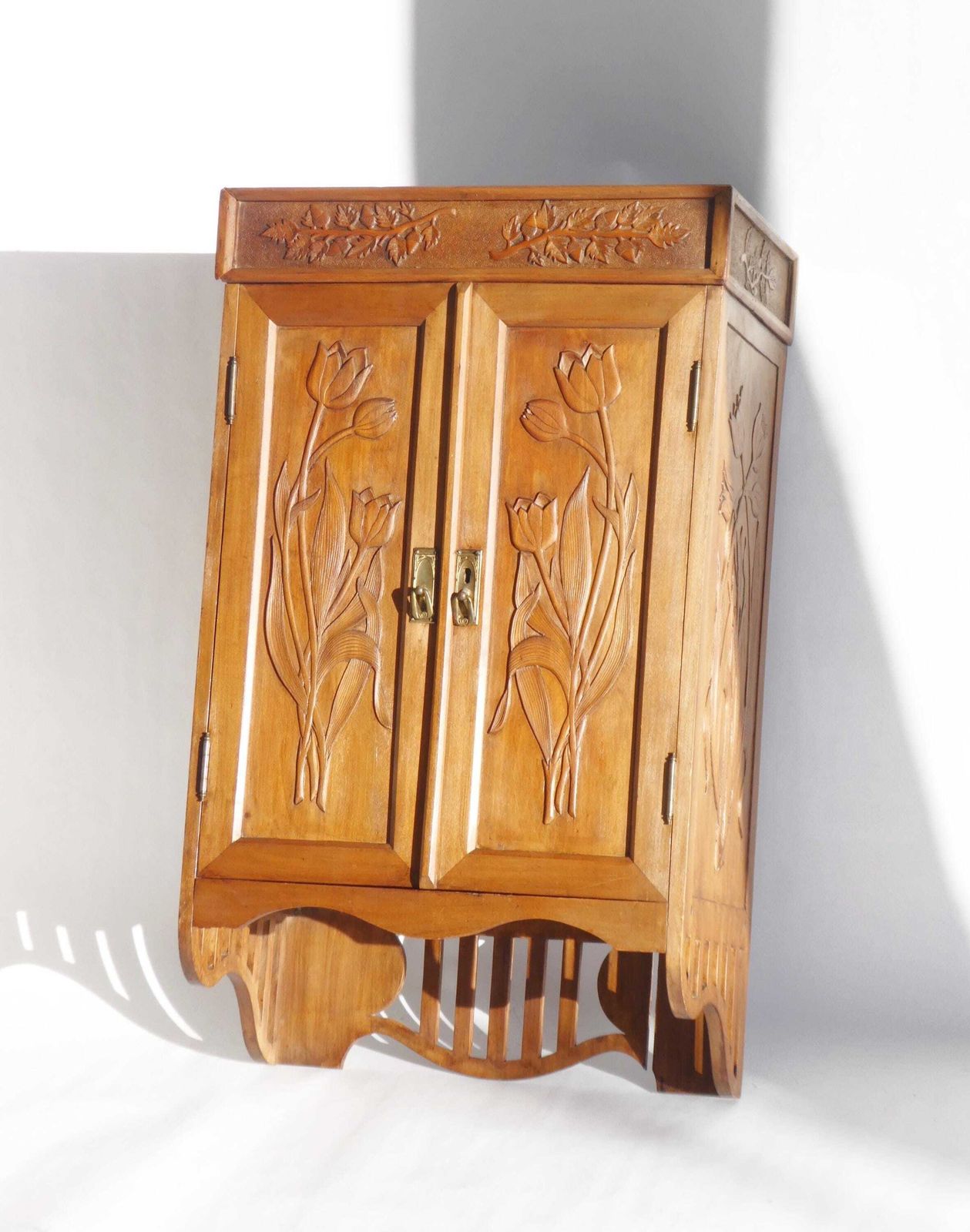 Antique Art Nouveau Carved Cabinet With Floral Details, Wooden Wall Chest, Medicine Cabinet, Apothecary With Tulips photo buy