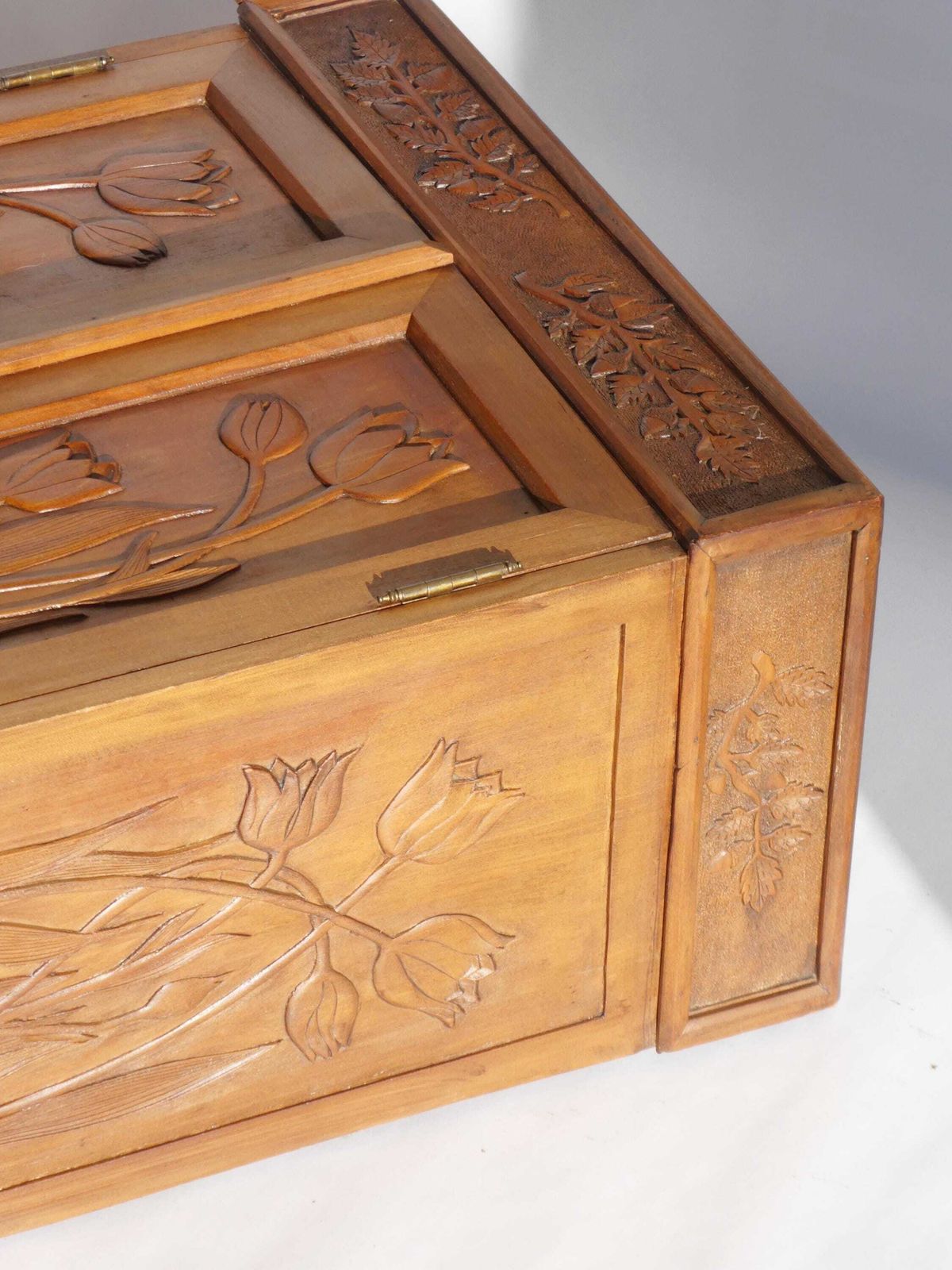 1185.0 Antique Art Nouveau Carved Cabinet With Floral Details, Wooden Wall Chest, Medicine Cabinet, Apothecary With Tulips photo