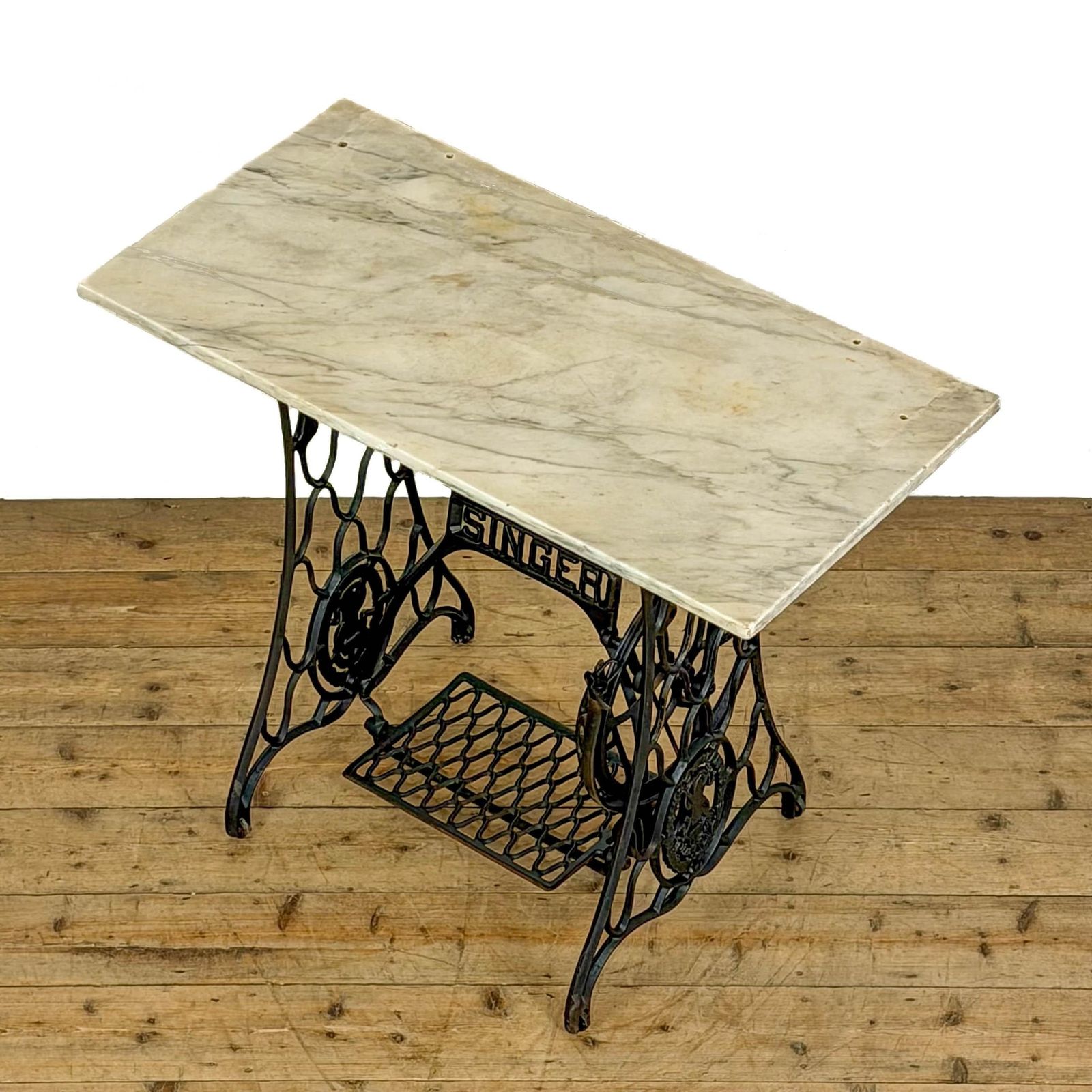 Antique Singer Sewing Machine Table With Marble Top | Antique Furniture | Oak Topped Table | Pub Table photo Furniture