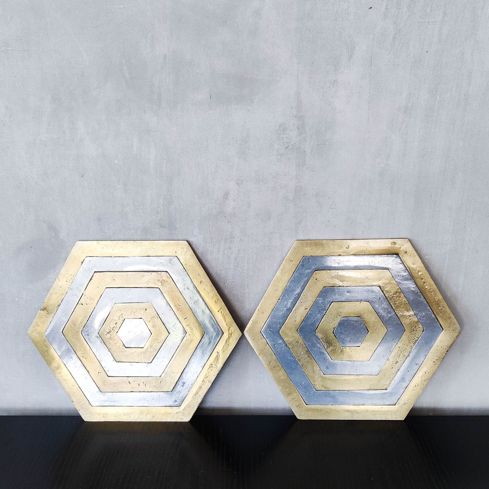 Pair Of David Marshall Brutalist 1980s Large Hand Cast Brass And Aluminium Large Trivets/Trays photo vinterior