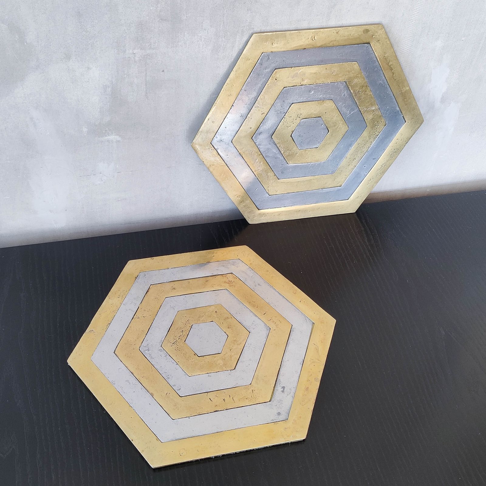 Pair Of David Marshall Brutalist 1980s Large Hand Cast Brass And Aluminium Large Trivets/Trays photo buy