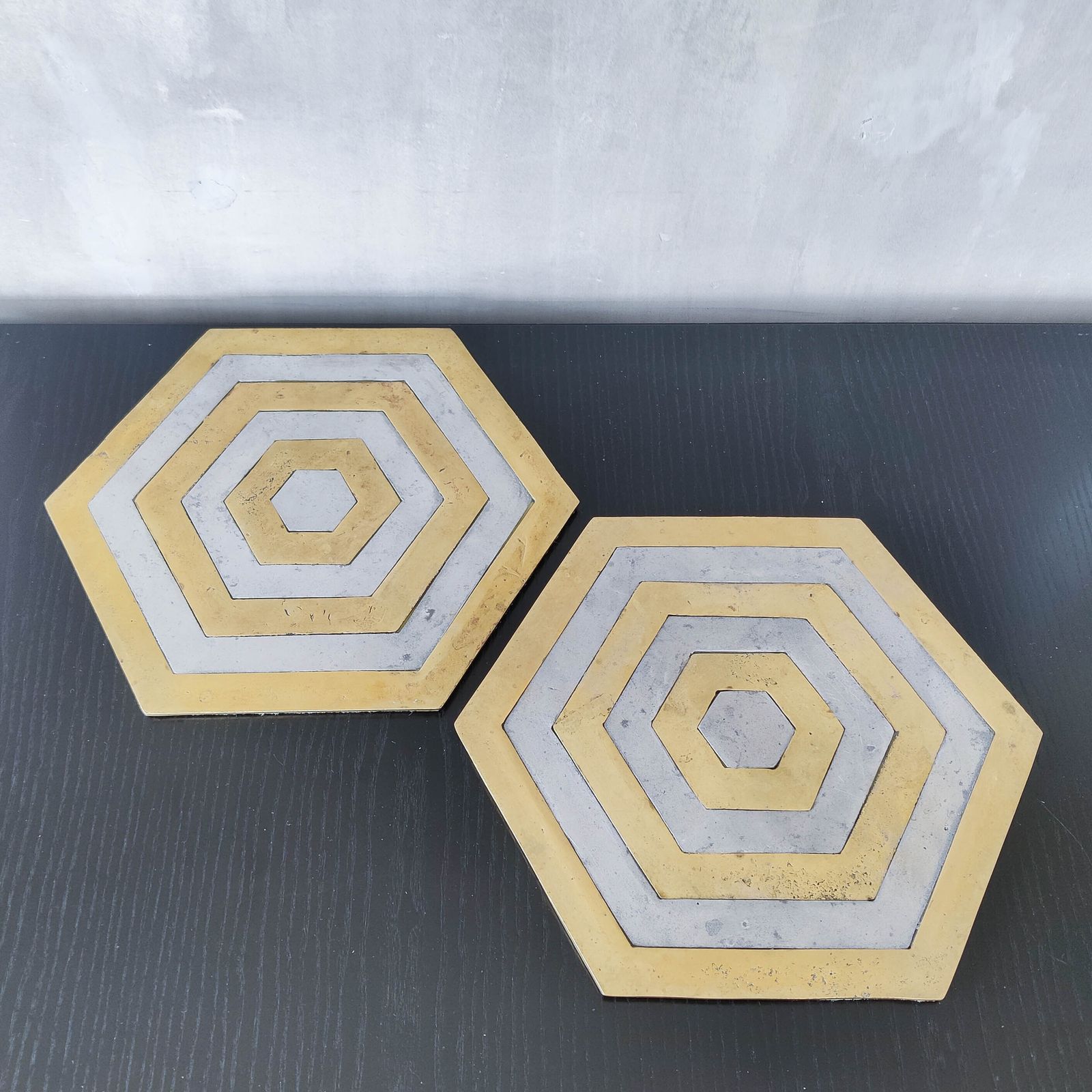 photo furniture Pair Of David Marshall Brutalist 1980s Large Hand Cast Brass And Aluminium Large Trivets/Trays