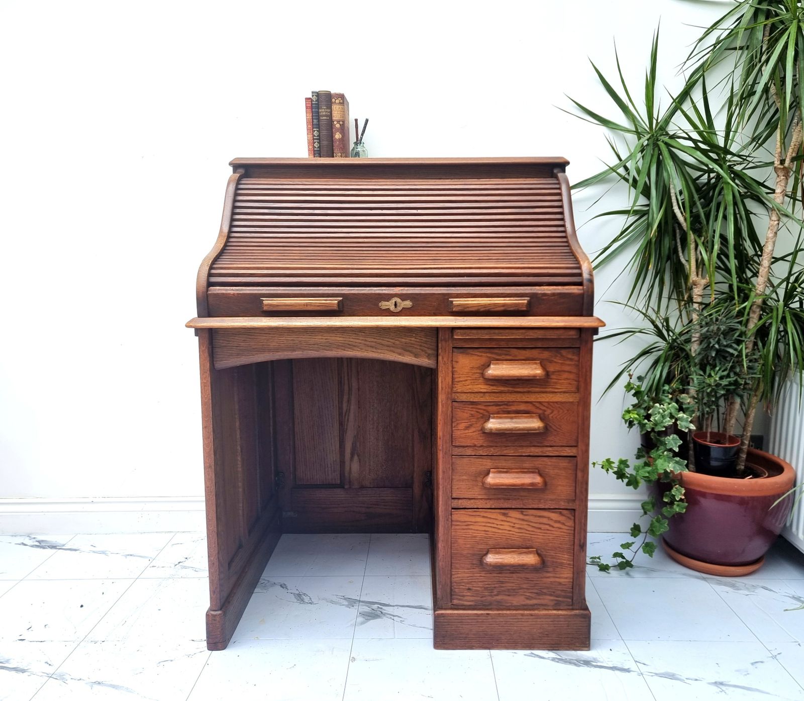 Oak Roll Top Tambour Pedestal Desk Bureau Harris Lebus Freestanding Panelled All Sides