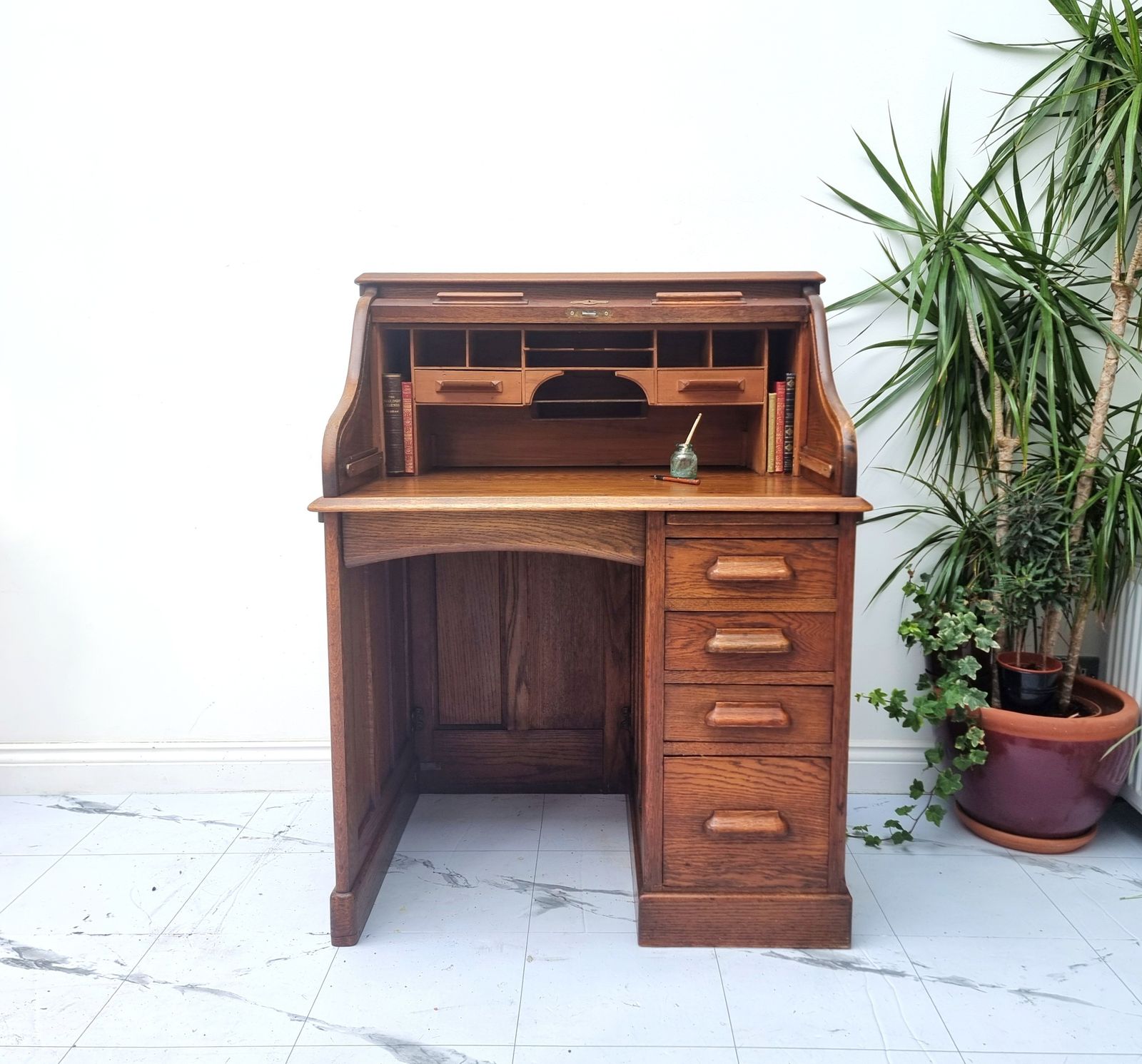 Oak Roll Top Tambour Pedestal Desk Bureau Harris Lebus Freestanding Panelled All Sides photo furniture