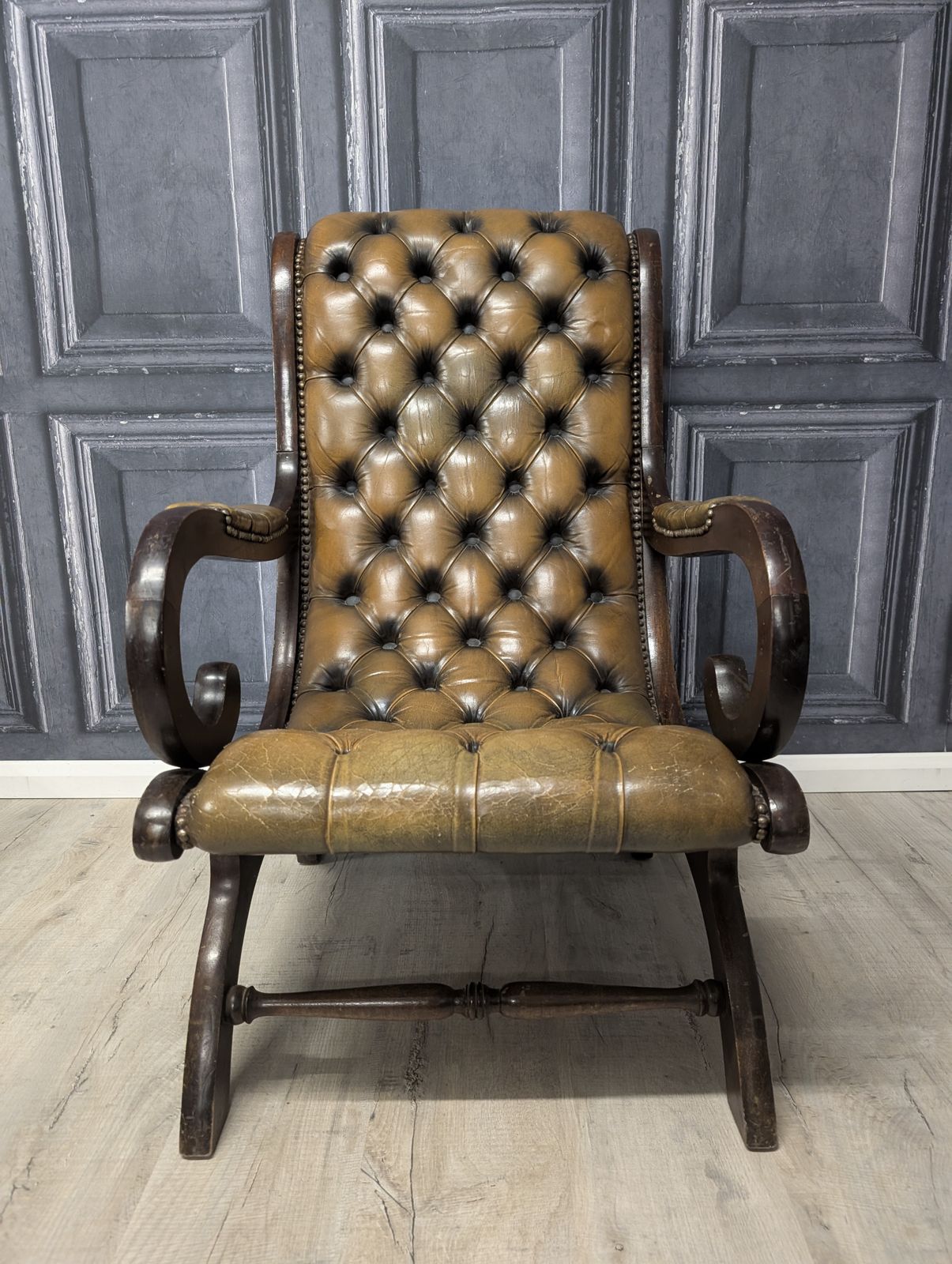 Vintage English Chesterfield Armchair Green Leather Club Chair 1970s photo for sale