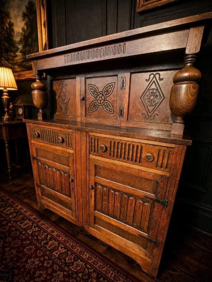 Rare Carved Oak Welsh Dresser Cabinet Vintage Large Uk Delivery photo Furniture