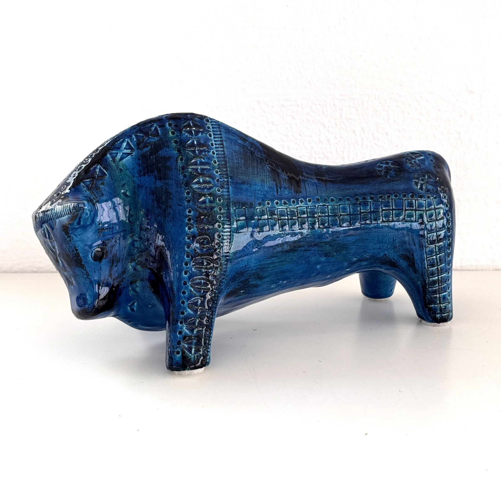 Italian Midcentury Ceramic Bull Rimini Blu By Aldo Londi For Bitossi, 1960s photo furniture
